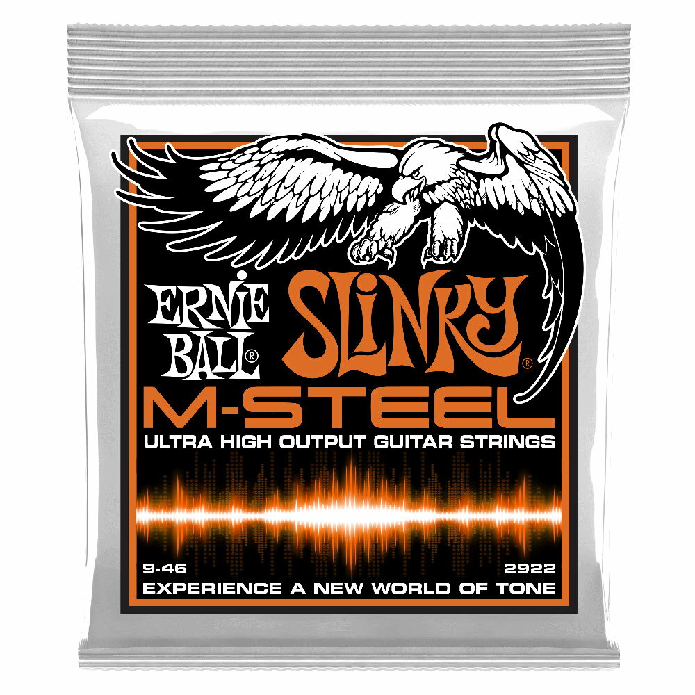 ERNIE BALL 2922 M-Steel Hybrid Slinky エレキギター弦※1セットでの販売です。M-Steel Electric SlinkyM-Steelは、サウンド、耐久性、強度と全てのパフォーマンスを向上させるために、様々な技術を用いて完成させた新しいエレキギター弦です。ワウンド弦の芯線には、業界初となる強靭なマルエージング・スティール・ヘックス・コア採用し、巻線にはコバルト含有率を60%まで高めたスーパー・コバルト・ワイアーを使用しています。また、プレーン弦には、最大の強度を実現させた特別仕様の高硬度スティールを採用。さらにスティール・レインフォースド機能を装備することで、より安定したチューニングと弦切れを最小限に抑える設計となっています。今までにない高出力なレスポンスを実現した、次世代のエレキギター弦、それがM-Steelです。・強靭なマルエージング・スティール・ヘックス・コアを採用（Wound Strings）・コバルト含有率60%のスーパー・コバルト・ワイアーを採用（Wound Strings）・金属疲労に強い高硬度スティール（Plain Strings）・安定したチューニングに貢献するスティール・レインフォースド・テクノロジー（Plain Strings）・滑らかな表面に仕上げ、ニッケル・メッキを施したブラス・ボールエンド・デザイン・ラウドでパワフルなサウンドとトーンHybrid Slinkyゲージ：.009 .011 .016 .026 .036 .046　