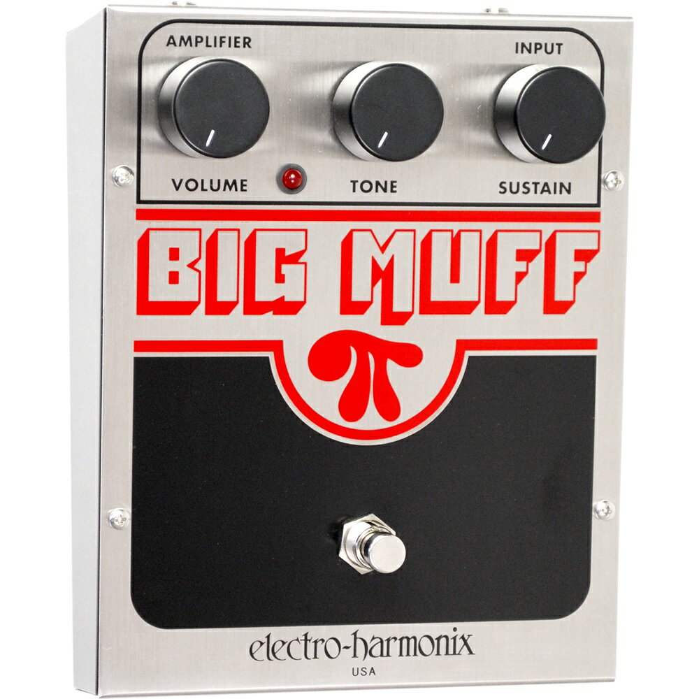 ELECTRO-HARMONIX（エレクトロハーモニクス）Big Muff Pi エフェクター 。NYCオリジナル、USA製のBig Muff。ジミ・ヘンドリクス、カルロス・サンタナの時代からコーンまで、40年以上もの間多くのプロフェッショナルを魅了したオリジナル機は、ロックギターサウンドの定義を作ってきました。リッチでクリーミーな、ヴァイオリンのようにサステインの効いたディストーションサウンドを再現してくれます。本モデルは1980年前後くらいに登場したフェイスのもので、ノイズもかなり押さえられている完成系に近いものとなっています。True Bypass寸法：139mm(W) x 173mm(D) x 73mm(H) 700g電源：9Vバッテリー or 9V DCセンターマイナスアダプター JP9.6DC-200（別売）