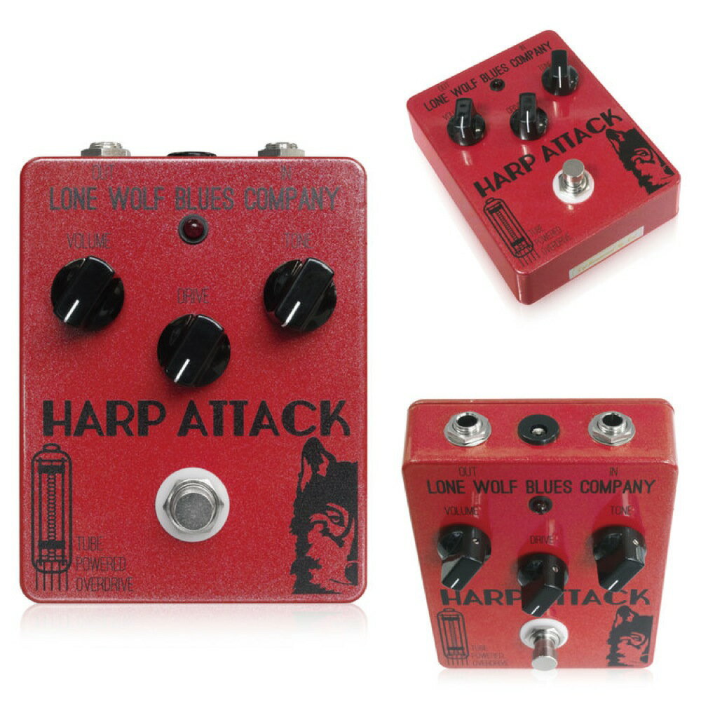 Lone Wolf Blues Company Harp Attack ハープ用オーバードライブLone Wolf Harp Attackは真のパワーチューブディストーションを作るためのペダルです。このペダルは、三極管を使った一般的なチューブプリアンプとは違い、超小型ビームパワーチューブを用いたペダルです。この真空管は6V6や6L6パワーチューブと同タイプの歪みを作ります。ファットでパンチのあるトーンが特徴で、その音色は3つのノブにより自在に調整が可能です。また、クリスタルマイクをはじめ、ハイインピーダンスマイクにも適合する10MΩのインプットインピーダンスのインプットバッファを装備しています。Driveコントロールでパワーチューブのサチュレーションを調整し、アクティブToneコントロールはハープ用にチューニングし、20dBのレンジを持ちます。Volumeコントロールでアウトプットレベルを調整します。ペダルのアウトプットにはFETアンプによるバッファーがかかります。Harp Attackはハーププレイヤーの様々なニーズに応えます。例えば、ペダルで本物のパワーチューブドライブサウンドが作れるのでPAに直接アウトプットする際にもベースマンを始めとしたチューブアンプの歪みが得られます。Harp Attackはソリッドステートアンプでも素晴らしいチューブアンプサウンドを作り、持ち運びも手軽でハープアンプをバックアップします。ペダルはハイゲインな歪みは作らず、スムースなオーバードライブトーンが特徴です。ハープケースに入れてジャムに持ち歩いたり、複数のペダルを組み合わせて自分だけのハープトーンを作るのにも最適です。Harp Attackは、エフェクターの中で最後に接続することでパワーチューブサウンドに近い音色となりますが、どのように接続するかはプレイヤー次第です。実際、ヨーロッパツアーではHarp Attackを使用するプレイヤーが増えつつあります。※超小型ビームパワーチューブはマイクロフォニックな特性で、バイパススイッチの操作時などにノイズが出る場合がありますが、その音量は最小限に抑えられ、またすぐに消えます。楽曲を演奏中はできるだけペダルを蹴飛ばしたりしないように注意してください。実際、プロフェッショナルの現場や実際のツアーでも使用されていますが、特に支障なくお使いいただいています。