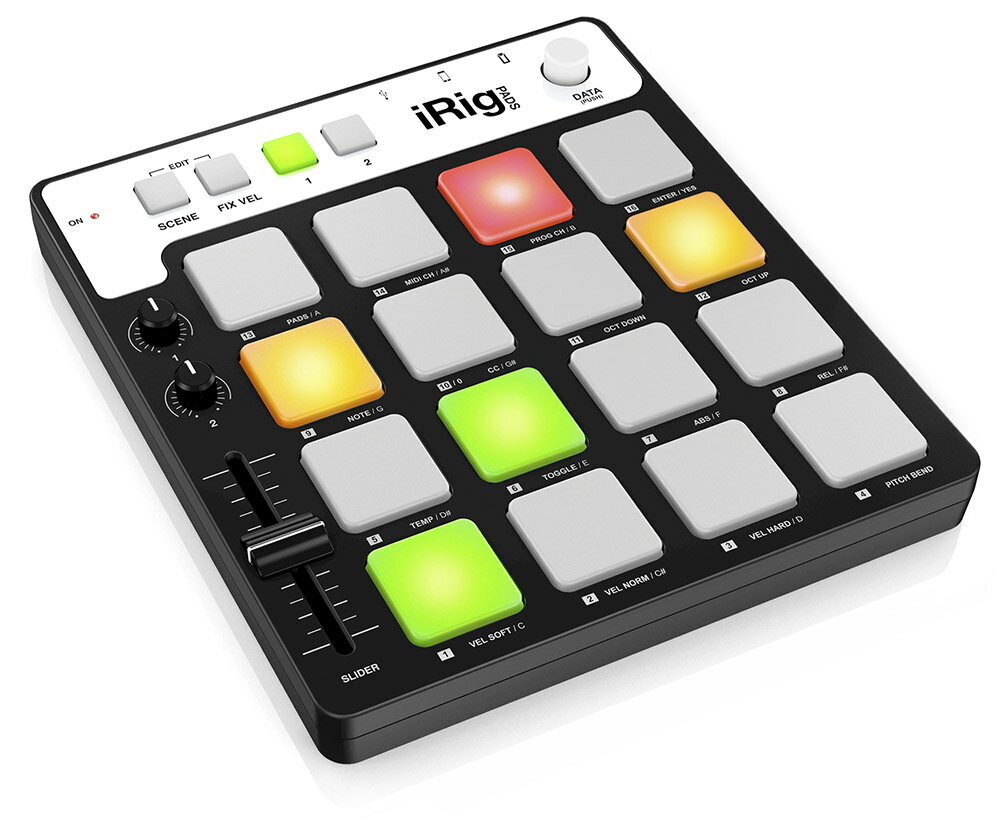 IK Multimedia iRig Pads MIDI groove controllerIK Multimedia社より、iPhone、iPad、iPod touch、Mac、Windowsで使える、MIDIパッドコントローラー iRig Padsが登場します。16個のベロシティ対応パッド、MIDIアサイン可能なスライダー、ツマミ2個とプッシュボタンロータリーエンコーダーを備えた、非常にコンパクトなパッドコントローラーです。Lightning、USBケーブル付属なので、iPhone、iPad、iPod touchおよびMac/Windowsコンピューターに直接接続してお使いいただけます。iRig Padsの主な特長・どこでも使える、ポータブルなMIDIパッドiRig Padsは、自宅、スタジオ、学校、ホテルから、飛行機や列車のトレイテーブルまで、どこでも使えるように設計されています。縦横20cm前後とiPadよりも小さく、厚みも2.3cmと薄いので、気軽にバッグに入れて持ち運び可能です。iPhone、iPad、iPod touchに接続するLightningケーブル、Mac/Windowsコンピューターに接続するUSBケーブルが同梱されているので、別途USBカメラアダプターを購入することなく、そのまま接続して使えます。電源もバスパワーで動作します。旧世代のiPhone、iPad、iPod touchをお使いの方には、30-pinケーブルをオプションとしてご用意しています。・コンパクトな筐体にプロの求める仕様を凝縮iRig Padsの中心には、ビートメーカーに馴染みのある4 x 4グリッド、16個のベロシティ対応パッドがあります。各パッドにはベロシティに応じて赤、オレンジ、グリーンに変化するバックライトがあり、叩きやすいラバーパッドの感触とともに表現力豊かな演奏が可能になっています。合わせてiRig PadsにはMIDIコントロール情報をアサイン可能なスライダー、ツマミ2個とプッシュボタン付きロータリーエンコーダー、さらにエクスプレッションペダル/フットスイッチ用の端子が装備されています。それらによりピッチ、フィルターなど連続的に変化するMIDI情報をコントロールすることができます。各パッドのアサイン情報は16個の「シーン」として保存、呼び出し可能です。・モバイル、コンピューターとも多くのアプリで利用可能IK Multimedia社では無償のiPhone/iPadアプリも用意しています。ドラム、効果音をパッドでプレイするなら、SampleTank free。ループをパッドでトリガーして、リアルタイムにリミックスするならGrooveMaker 2 free。ライブラリの曲を読み込んでリミックスDJプレイするならDJ Rig freeを。いずれもiRig Padsで快適にトリガー、プレイ可能です。※iRig Padsをユーザー登録した方には、最新の64-bit AAX/AU/RTAS対応ワークステーションSampleTank 3同等の機能を備え、6.5GBの400音色、150種類のMIDIパターンを収録したSampleTank 3 SE for Mac/PCも無償で提供されます。※SampleTank for iOS、SampleTank 3 SE for Mac/PCとも、iRig Pads登録時に特別ボーナスとして50音色、50 MIDIパターンが提供されます。iRig Padsを念頭にデザインされたものなので、すぐにビート制作、グルーブパフォーマンスを楽しむことができます。