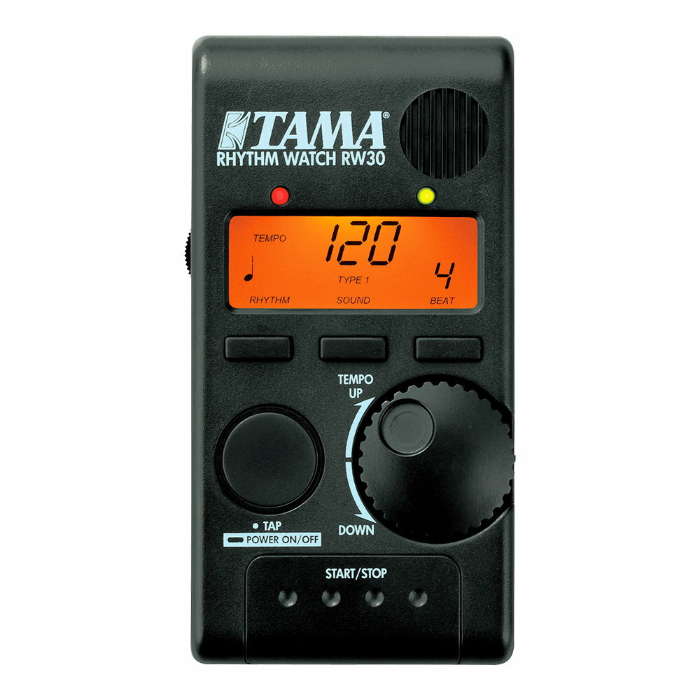 TAMA RW30 TAMA RHYTHM WATCH MINI メトロノームリズムウォッチ・ミニは、携帯に優れたコンパクトサイズのメトロノームです。 テンポダイヤルやスタートスイッチといったコントロール類を大きくし、シンプ ルな操作性が魅力です。●2種類のクリック音が選択可能●LED点灯でテンポを目で測定可能●ビートは9拍子までカウント可能●液晶画面にバックライトを装備、ステージなどの暗い場所での操作が可能●オート電源オフ機能付き●♪=30-250/分の範囲のテンポを測定するタップ機能搭載●発音タイミングは6種類の音符を選択可能◇電源：1.5V単4形乾電池 x 2 *連続使用時の電池寿命(アルカリ電池の場合)=約50時間 (仕様条件により異なります) *付属の電池はテスト用ですので、上記仕様に満たない事がございます◇テンポ幅：30 ~ 250/min◇ビート(拍子)：0、1、2、3、4、5、6、7、8、9◇液晶ディスプレイ表示：TEMPO、RHYTHM、SOUND、BEAT◇テンポ：LED x 2 (赤、緑)◇コントロール：MASTER音量(側面)、RHYTHM、SOUND、BEAT、TEMPO dial、TAP TEMPO(長押し時はPOWER ON/OFF)、START/STOP◇接続端子：ヘッドホン・ジャック(ミニ)◇サイズ：61 x 21 x 118 mm◇重量 90g (電池含む)