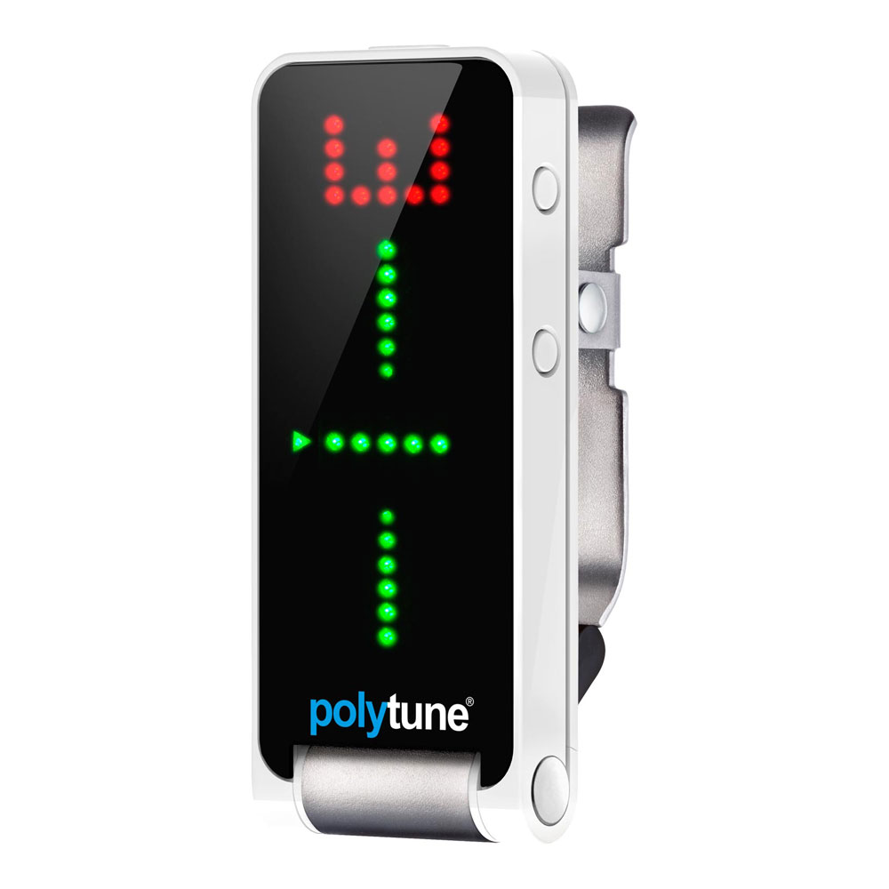 tc electronic polytune clip クリップ式 ポリフォニックチューナーPolyTune Clip 主な特徴高性能クリップ式チューナー最新世代ポリフォニック チューナー アルゴリズムを採用測定精度±0.02セントのストロボ チューナー モードを搭載視認性の高い高輝度ディスプレイ向きに応じて表示が自動的に変わる自動回転機能エレガントかつ堅牢なデザイン高品質ステンレス製クリップフラット チューニング、およびカポ モード対応リファレンスピッチ A4=435〜445Hz（1Hz刻み）クリップ版PolyTuneチューナー界に革命をもたらしたといっても過言でないポリフォニック チューナーPolyTuneに、クリップ版の誕生です。単なる形状の変更にとどまらず、クリップ式チューナーならではの機能とデザインを備え、素早く高精度にチューニングを行えます。ペダル版で実証済みのPolyTune技術を搭載したクリップ式チューナーポリフォニック チューニング対応±0.02セントの高精度ストロボ チューナー モード搭載3モード搭載PolyTune Clipは、3つのチューニング モードを搭載。全ての弦を同時にチューニング可能なポリフォニック チューニングに加え、一般的なクロマチック チューナー モードと、±0.02セントの精度を誇るストロボ チューナー モードも選べます。目的や好みに合わせて、表示方式を変えられます。Dressed To ImpressPolyTune Clipは、最高水準の性能を備えながらも、設置時にギターや奏者の姿の邪魔にならないように配慮されたデザインに仕上がっています。本体はペダル版PolyTuneよりも一回り小型化され、バッテリー寿命の延長に寄与しています。ディスプレイの自動回転機能PolyTune Clipは、スマートフォンやタブレットでおなじみの自動回転機能を搭載。右、左等、設置の向きに関わらず、手動での設定や操作を必要とせずに、表示の向きが自動的に調整されます。主な機能PolyTune Clipは、クリップ式チューナーならではの機能とデザインを備え、素早く、高精度にチューニングを行うための工夫と機能が詰め込まれています。PolyTune: Strum Tune Rock!PolyTune Clipは、最新世代のPolyTuneアルゴリズムを搭載。全ての弦の状態を一度に確認できる表示方法はそのままに、検知速度が一段と高速化されています。表示の上下反転視認性の高い高輝度ディスプレイは、内部センサーと連動して自動的に正しい向きに調整されます。ストロボ モード高精度ストロボ モードは、高速なピッチ検出を行いながらも、±0.02セントの精度で表示を行います。クロマチック モードPolyTune Clipのクロマチック モードでは、±0.5セントの精度で見慣れた表示方法のチューニングを行えます。メモリー機能基準ピッチやチューニング モードの設定は内部に記憶されますので、使用の度に設定をしなおす必要はありません。MonoPoly検知アルゴリズム入力が単音 和音のどちらであるかを自動的に解析し、チューニング方式を切り替えます。クリップPolyTune Clipのクリップ部は、高級ステンレスを採用。パッドの位置形状も、大切な楽器を傷めにくく、落下の可能性を極力小さくするように検討が重ねられています。ボディボディ部の素材は、デザインと本体の強度に大きい影響を与えます。PolyTune Clipのボディ部には、汎用的な樹脂ではなく、独自配合の化合物が使用されています。