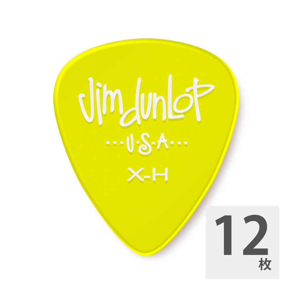 JIM DUNLOP 486R GELS EXTRA HEAVY YLW ギターピック×12枚半透明のピックに手書き風の「JIM DUNLOP」ロゴが入った「ジェルピック」ポリカーボネートで作られた、耐久性にも優れたピックです。シェイプ：ティアドロップゲージ：EXTRA HEAVY（エクストラへビー）カラー：YLW（イエロー）12枚セットでの販売です。