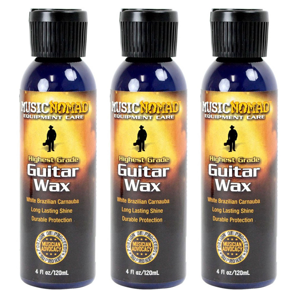 MUSIC NOMAD MN102 GUITAR WAX ギターワックス 3本セット最高級カルバナ配合により、シルキーな艶を長期持続ホコリには研磨作用があるため、ギターに付着したホコリを軽く拭うだけでも紙ヤスリを使ったような傷がつくことがあります。ミュージックノマドのブラジル産高級ホワイトカルナバワックスなら、透明で耐久性のある保護膜を張り、高い光沢を与え、楽器の湿気、塩分（汗）、ホコリから守ります。小さな傷を埋め、光沢を復活させ、ギター本体の仕上がりに深みと鮮やかさを与えます。最高ランクのブラジル産ホワイトカルナバ使用（グレードAホワイトカルバナ）輝きの長時間持続UVカットで日焼けによるダメージを防ぐ小さな傷を埋める研磨剤は使っていません内容量　120ml