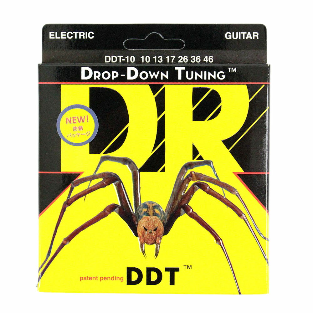 ※画像はサンプルです。詳しくは商品説明をご覧下さい。DR DDT DR-DDT10 Medium エレキギター弦×6セットDDTは、ただのヘビーゲージの弦とは異なり、低いピッチにチューニングしても正確な音程を保つことができ、使用したプレイヤーたちが口を揃えて「気味が悪いほどチューニングが安定している」というほど、微調整の必要がほとんどなく、チューニングがピタリと落ち着くのが特徴です。DR-DDT10スタイル　Mediumゲージ　10、13、17、26、36、466セットでの販売です。