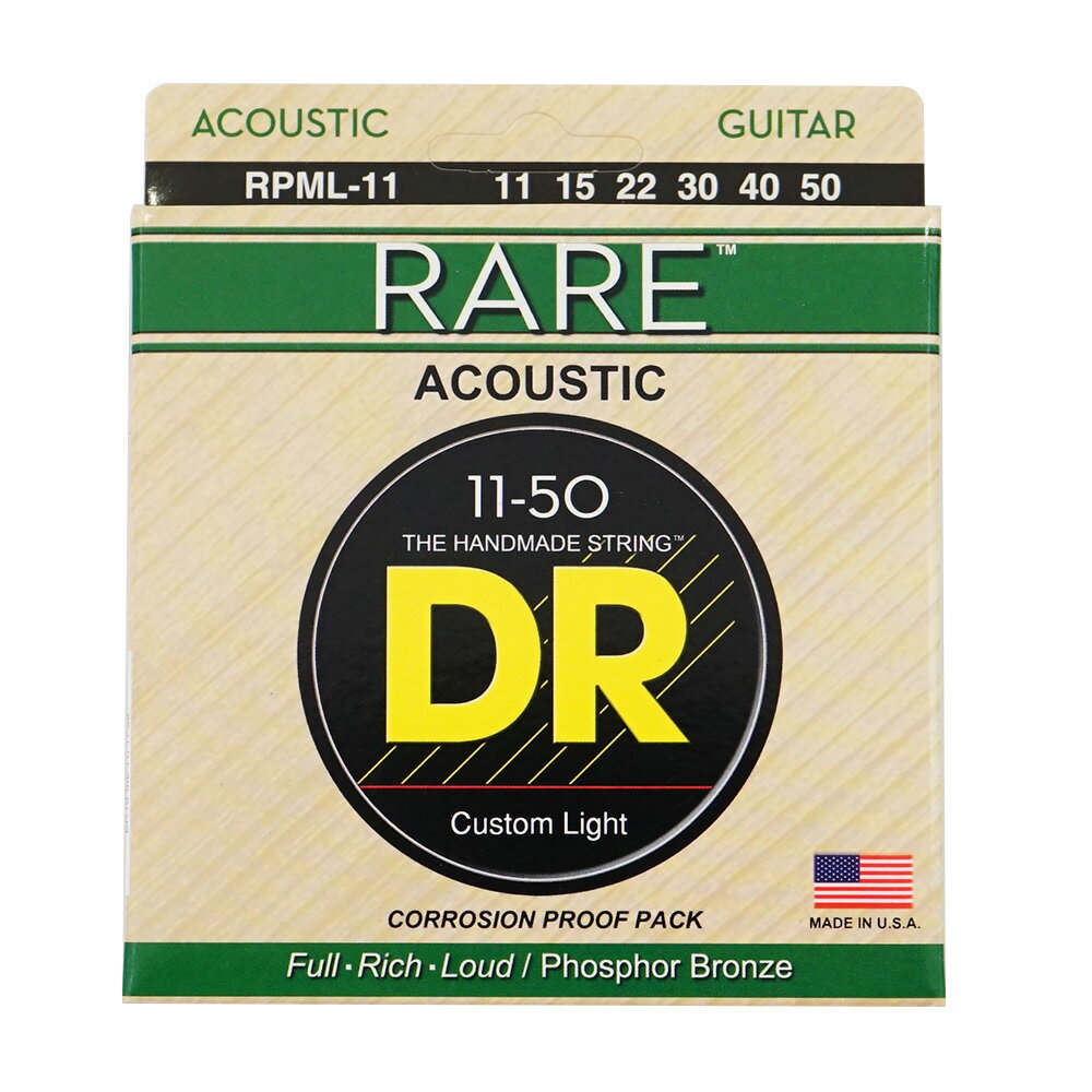 DR RARE RPML-11 Custom Light アコースティックギター弦×6セットHEXAGONAL CORE/PHOSPHOR BRONZE WOUNDヘックスコア/フォスファーブロンズレアシリーズは、DRの歴史で培われた伝統技術でヘクスコア材に新たに配合されたフォスファーブロンズ材がハンドワウンドされ、深い鳴りと大きな音量を求める総てのプレイヤーにお勧めです。新配合フォスファーブロンズの成果によりテンションは低め、且つラウドでウォームなサウンドを奏でます。 特に削り出しのアーチトップやドレッドノート、さらにローズウッド、メイプル、 マホガニートップの上質なギターでは、鳴りの深み、トーン、サスティーンにおいて 大きな効果を実感できます。 RPML11スタイル　Custom Lightゲージ　11、15、22、30、40、50※6セットでの販売です。