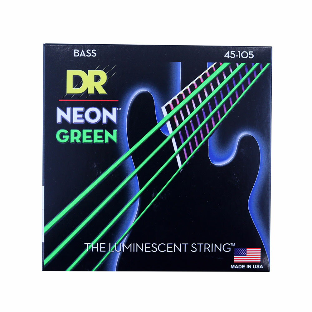 DR NEON GREEN DR-NGB45 Medium エレキベース弦×2セット＜ラウンド コア/K3カラーコーテッド/ベース弦＞「NEON」は、DR独自のテクノロジー「K3」コーティングを施した弦で、明るくクリアーなサウンドが特徴。DR社の耐久テストの結果、コーティングが剥がれずらく、通常の弦より3〜4回分長持ちします。明るいカラーコーティングは、ステージのライト（ブラックライト）にあたると発色するため、通常のカラーコーティング弦よりさらにインパクトがあります！（注：リン光です＝畜光ではありません）カラー　グリーンゲージ　ミディアム（45、65、85，105）2セットでの販売です。
