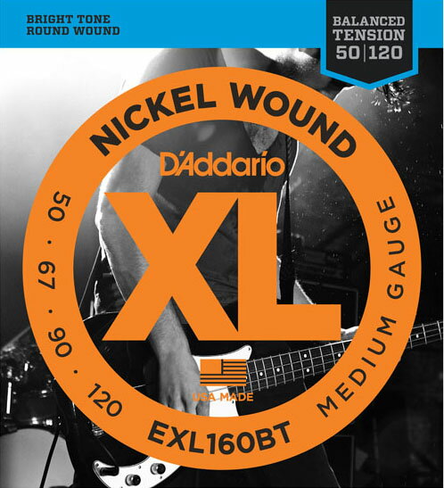 D'Addario（ダダリオ）EXL160BT Medium 50-120×5SET エレキベース弦数学的に算出された最適ゲージの組み合わせにより、優れたコントロール性と快適な演奏性を実現したものです。従来のXLニッケルワウンド弦のトーンに加え、チョーキング、カッティング、フィンガリング、スラップといった様々な奏法時もバランスよく、同等の感触でダイナミックなコントロールが可能です。・ニッケルプレートスチール製のラウンドワウンド弦で、際立ったブライトなトーン。・環境に優しく、耐食性に優れたパッケージで、いつでも開けたて、新鮮な状態で使用可能。・アメリカ製で高品質、高性能。・ゲージ : ニッケル巻弦　050　067　090　1205セットでの販売です。　