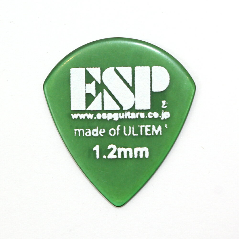 ESP（イーエスピー） PJ-PSU12 ウルテムピック×50枚 。ウルテムは高い耐久性と剛性を持つ特殊樹脂で、ピックに使用される素材の中でも非常に音響特性に優れていると言われており、べっ甲に近い音質と言われています。また、フィンガーピッキングのようなニュアンスも得る事ができ、人気の高い素材として注目されています。厚さ：　1.2mmカラー：　グリーン　