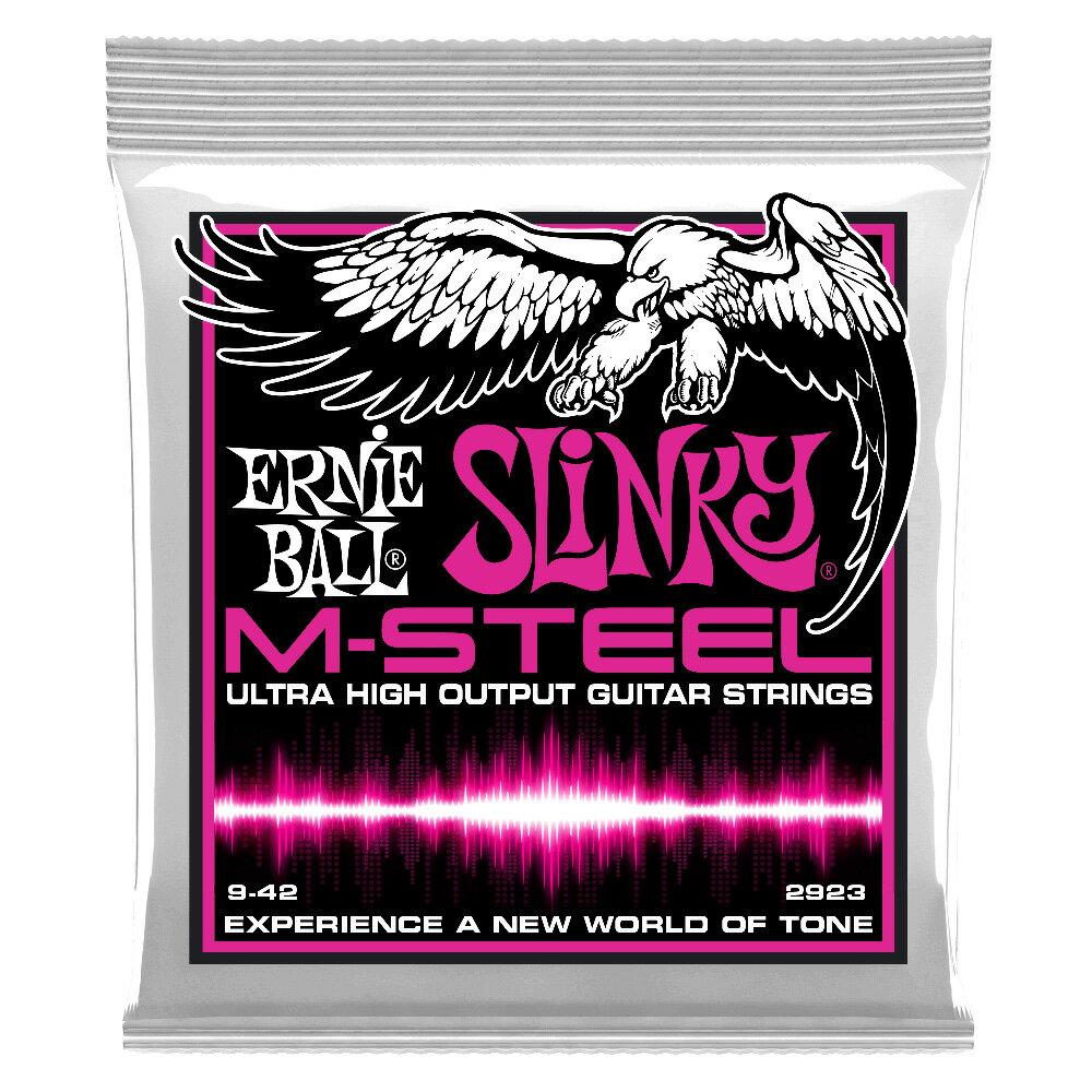 ERNIE BALL 2923 M-STEEL SUPER SLINKY エレキギター弦×6セット※6セットでの販売です。M-Steel Electric SlinkyM-Steelは、サウンド、耐久性、強度と全てのパフォーマンスを向上させるために、様々な技術を用いて完成させた新しいエレキギター弦です。ワウンド弦の芯線には、業界初となる強靭なマルエージング・スティール・ヘックス・コア採用し、巻線にはコバルト含有率を60%まで高めたスーパー・コバルト・ワイアーを使用しています。また、プレーン弦には、最大の強度を実現させた特別仕様の高硬度スティールを採用。さらにスティール・レインフォースド機能を装備することで、より安定したチューニングと弦切れを最小限に抑える設計となっています。今までにない高出力なレスポンスを実現した、次世代のエレキギター弦、それがM-Steelです。・強靭なマルエージング・スティール・ヘックス・コアを採用（Wound Strings）・コバルト含有率60%のスーパー・コバルト・ワイアーを採用（Wound Strings）・金属疲労に強い高硬度スティール（Plain Strings）・安定したチューニングに貢献するスティール・レインフォースド・テクノロジー（Plain Strings）・滑らかな表面に仕上げ、ニッケル・メッキを施したブラス・ボールエンド・デザイン・ラウドでパワフルなサウンドとトーンSUPER SLINKYゲージ：.009 .011 .016 .024w .032 .042