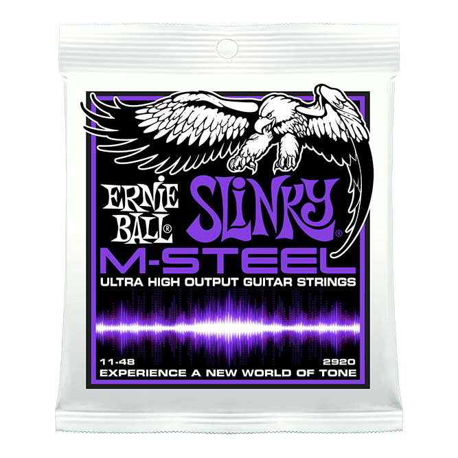 ERNIE BALL 2920 M-Steel Power Slinky エレキギター弦×6セット※6セットでの販売です。M-Steel Electric SlinkyM-Steelは、サウンド、耐久性、強度と全てのパフォーマンスを向上させるために、様々な技術を用いて完成させた新しいエレキギター弦です。ワウンド弦の芯線には、業界初となる強靭なマルエージング・スティール・ヘックス・コア採用し、巻線にはコバルト含有率を60%まで高めたスーパー・コバルト・ワイアーを使用しています。また、プレーン弦には、最大の強度を実現させた特別仕様の高硬度スティールを採用。さらにスティール・レインフォースド機能を装備することで、より安定したチューニングと弦切れを最小限に抑える設計となっています。今までにない高出力なレスポンスを実現した、次世代のエレキギター弦、それがM-Steelです。・強靭なマルエージング・スティール・ヘックス・コアを採用（Wound Strings）・コバルト含有率60%のスーパー・コバルト・ワイアーを採用（Wound Strings）・金属疲労に強い高硬度スティール（Plain Strings）・安定したチューニングに貢献するスティール・レインフォースド・テクノロジー（Plain Strings）・滑らかな表面に仕上げ、ニッケル・メッキを施したブラス・ボールエンド・デザイン・ラウドでパワフルなサウンドとトーンPower Slinkyゲージ：.011 .014 .018p .028 .038 .048　