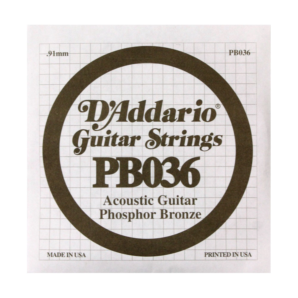 D'Addario PB036 Phosphor Bronze バラ弦×5本 アコースティックギター用バラ弦1974年から生産が始まったフォスファーブロンズ弦。そのサウンドは世界中のアーティスト達を魅了し、今もなおライブ、スタジオワークなど場所を選ばす愛用されています。アコースティックギター用.036です。5本セットでの販売です。　
