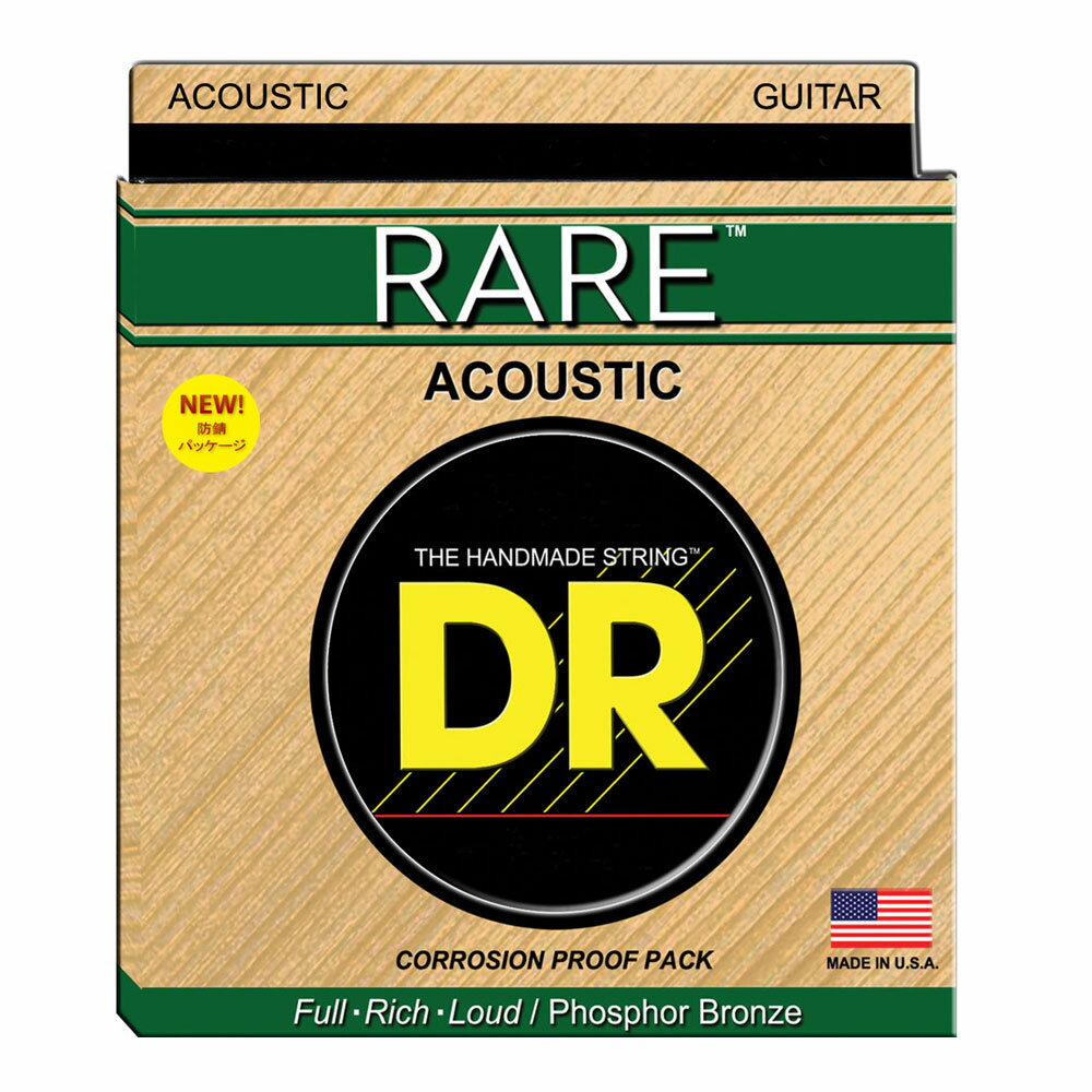 DR RARE RPL-10 Extra Light アコースティックギター弦×12セット※画像はサンプルです。HEXAGONAL CORE/PHOSPHOR BRONZE WOUNDヘックスコア/フォスファーブロンズレアシリーズは、DRの歴史で培われた伝統技術でヘクスコア材に新たに配合されたフォスファーブロンズ材がハンドワウンドされ、深い鳴りと大きな音量を求める総てのプレイヤーにお勧めです。新配合フォスファーブロンズの成果によりテンションは低め、且つラウドでウォームなサウンドを奏でます。 特に削り出しのアーチトップやドレッドノート、さらにローズウッド、メイプル、 マホガニートップの上質なギターでは、鳴りの深み、トーン、サスティーンにおいて 大きな効果を実感できます。 RPL10スタイル　Extra Lightゲージ　10、14、22、30、38、48※12セットでの販売です。