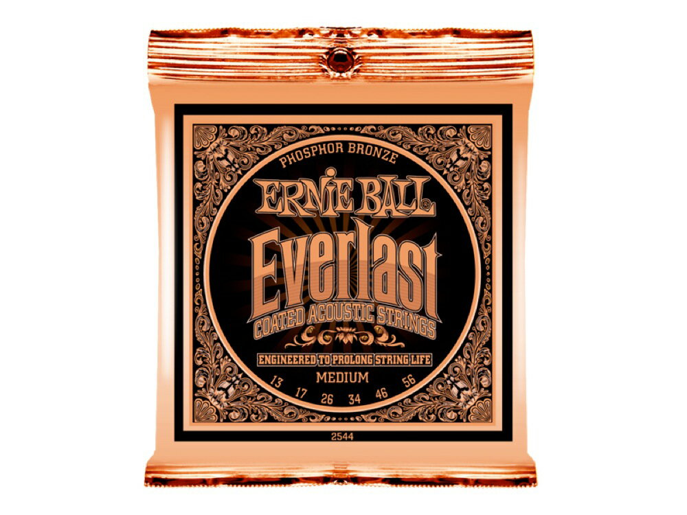 ERNIE BALL 2544 Everlast Coated PHOSPHOR BRONZE MEDIUM アコースティックギター弦×12本EVERLAST(エヴァーラスト)は、アーニーボールが独自に開発したナノテクノロジーを採用したコーティング弦です。10ナノメーター未満の薄さを実現することで、通常のアコースティック弦と比較しても、そのフィーリングに違いを感じさせることはありません。さらに、弦の表面に付着する汗や湿気、手垢などをはじきロングライフを実現します。PHOSPHOR BRONZEゲージ：.013/.017/.026/.034/.046/.056MEDIUM■アーニーボールが独自に開発したナノテクノロジー採用。■コア、ワウンドそれぞれのワイアーにナノコーティング処理を採用。■弦振動を抑制しない10ナノメーター未満のコーティング技術。■汗や湿気、手垢などをはじきロングライフを達成。■一般的なアコースティック弦と同様のトーンとフィーリング。■フォスファーブロンズ※12本セットでの販売です。