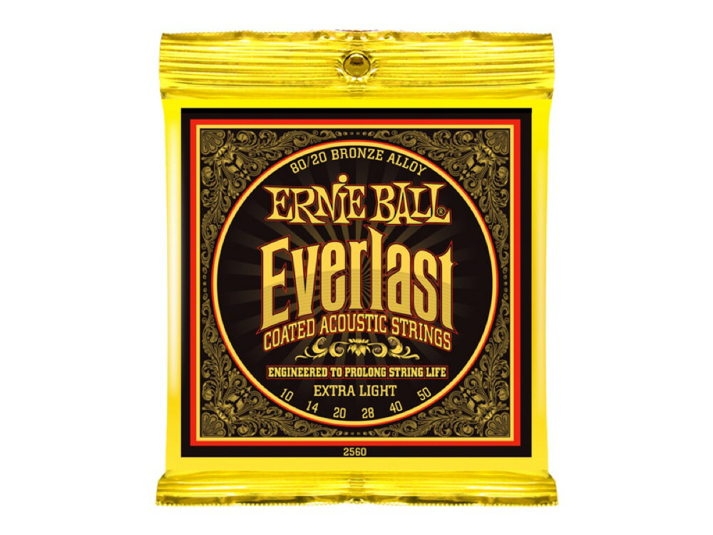 ERNIE BALL 2560 Everlast Coated 80/20 BRONZE ALLOY EXTRA LIGHT アコースティックギター弦 ×12セット※12セットでの販売となります。EVERLAST(エヴァーラスト)は、アーニーボールが独自に開発したナノテクノロジーを採用したコーティング弦です。10ナノメーター未満の薄さを実現することで、通常のアコースティック弦と比較しても、そのフィーリングに違いを感じさせることはありません。さらに、弦の表面に付着する汗や湿気、手垢などをはじきロングライフを実現します。80/20 BRONZE ALLOYゲージ：.010/.014/.020/.028/.040/.050EXTRA LIGHT■アーニーボールが独自に開発したナノテクノロジー採用。■コア、ワウンドそれぞれのワイアーにナノコーティング処理を採用。■弦振動を抑制しない10ナノメーター未満のコーティング技術。■汗や湿気、手垢などをはじきロングライフを達成。■一般的なアコースティック弦と同様のトーンとフィーリング。■ブロンズ