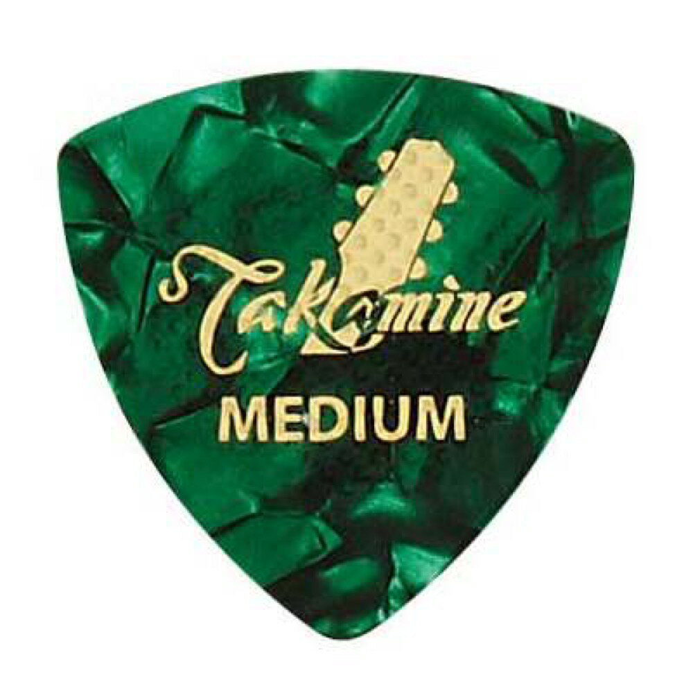 TAKAMINE P1G MEDIUM セルロイド トライアングルピック×50枚。反発性に富む、最も標準的なピック素材。ソフトな感触の凸型ラバー・グリップ加工により、適度な滑り止め効果も得られます。素材：セルロイド形状：トライアングルカラー：グリーン・パール厚み；MEDIUM※50枚セットでの販売です。　