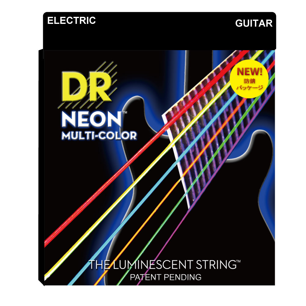 DR NEON MULTI COLOR NMCE-2/9 LITE 2PACK エレキギター弦 2セット入り×12セット。※画像はサンプルです。詳しくは商品説明をご覧下さい。※1パッケージに「NMCE-9」が2セット含まれています。ネオンシリーズはタイトで煌びやかなサウンドを持ち、日光やステージの照明上ではビビットなカラー、ブラックライトの下では強く発光します。 DRの歴史で培われた伝統技術でヘクスコア材に蛍光カラーコーティングを施したニッケルプレート材がハンドワウンドされた弦です。きっと、その鮮やかなネオンカラーに魅了される事でしょう。またK3コーティングテクノロジーによりアンコーティング弦より 3〜4倍の長寿命を発揮します。このシリーズはピンク、グリーン、オレンジ、ブルー、イエロー、レッドのセットです。※NEONシリーズは「蓄光」ではございません。自発的に暗闇での発光はしません。ブラックライト下、もしくはブルーでの暗転等のステージ照明に反応し、発光します。ゲージ09-11-16-24-32-42※12セットでの販売です。