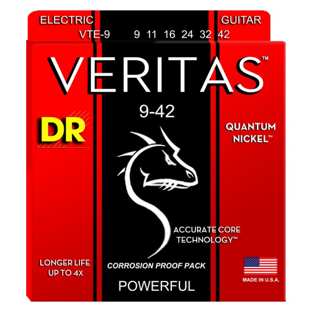 DR VTE-9 VERITAS エレキギター弦×3セット。VERITAS は DR 独自の技術Accurate Core Technologyc (ACTc) でコア材を極限まで研磨し、独自素材であるカンタムニッケルをハンドワウンドした今までにない新しいエレキギター弦です。コア表面を均一にすることでよりタイトにワウンドすることが可能になり、汚れや汗の侵入を阻止。これによりアンコーティングながら長寿命を実現。さらに、磨かれたコアの自然な振動に合わせたカンタムニッケルの持つクリアで上質なサウンドが幅広いレンジを生み出し、しなやかな弾力によって広がる演奏性により繊細な表現まで再現しやすく、分離のよいサウンドとかつて無いボディ鳴りを実現しました。また、自然な振動を追求する事で変速チューニングでも驚くほどピッチが安定する弦に仕上がりました。さらに、この上質な巻弦に合わせバランスを取った長寿命且つ幅広いレンジを持ちリッチなサウンドを奏でる、XENON power-plain弦の 1 弦、2 弦、3 弦を追加で封入。楽器との相性や演奏性に合わせお好みでご選択いただけます。Accurate Core Technology(ACT)とは...DR が独自に開発した技術で、ワウンド前のコア材を極限まで研磨し、表面の不均一性を取り除き、より正確な状態のコアにすることで、より自然な振動を促すと共に、DR の高いハンドワウンド技術によって、よりタイトにコアに対してワウンド材を巻きつけることが可能になりました。これにより、弦のゲージはそのままに、弦の密度(重量)を上げることが可能となり、通常のチューニングはもちろん、ドロップダウン等の変速チューニングの際の高い安定性を実現しました。この度、特許申請が完了したため、公表となった技術ですが、既にラインナップ済の DDT シリーズにも同じ技術が採用されています。ゲージ：09-11-16-24-32-42※3セットでの販売です。