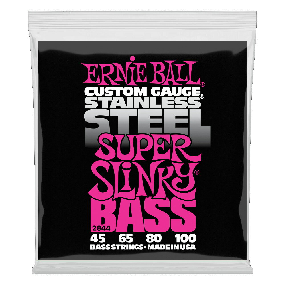 ERNIE BALL 2844/Stainless Super Slinky Bass ベース弦×2セット。錆びに強く耐久性に優れたステンレス・スティール・ワイアーを採用した、ステンレス・ワウンドのベース弦です。アタックに対して反応がよく、ブライトな音色が特徴です。快活なロック・サウンドが欲しいベーシストに最適なシリーズです。2844/Stainless Super Slinky Bassゲージ：45、65、80、100※2セットでの販売です。