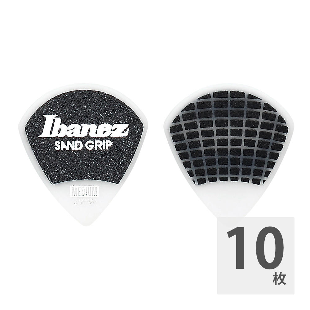 IBANEZ PA18MSG-WH MEDIUM 0.8mm ピック×10枚。グリップ部分のパターンを改め、一層グリップ力を高めたグリップ・ウィザード・シリーズ・ピック、サンド・グリップ・モデル高いグリップ力が特徴のGRIPWIZARD(グリップ・ウィザード)シリーズ・ピックをリニューアルします。新モデルではグリップ力をさらに高めるため、従来モデルとは異なる格子状パターンを片面に採用しました。さらにグリップ・サンドにラメ・カラーの粒子も混ぜ込み、見た目のデザインも一層特徴的に変更しています。材質：ポリアセタール厚さ：MEDIUM(0.8mm)形状：JAZZ(ジャズ)カラー：WH(White)※10枚セットでの販売です。