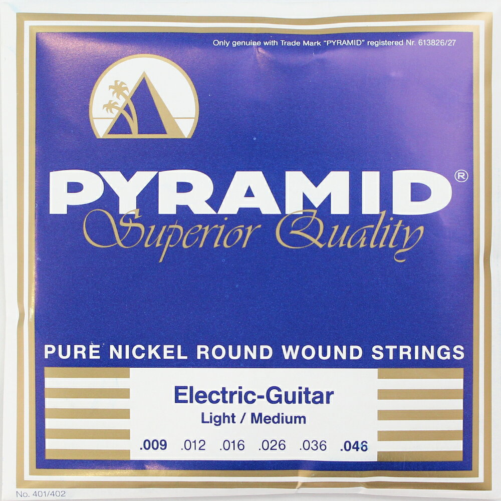 PYRAMID STRINGS EG Pure Nickel 009-046 エレキギター弦×3セット。"PYRAMID Electric Guitar Pure Nickel Round Wound Strings"最上級の素材を用いて製造された、あらゆるジャンル／スタイルにマッチするエレクトリックギター専用ゲージです。巻き線には純度99.2％のニッケルを使用。その響きは豊かできらびやか、そしてあくまでも音楽的です。幅広い適応性と心地よいプレイフィール、そしてロングライフを併せ持ち、高い次元でバランスが取れた、全てのギタリストにお薦めできるゲージ・シリーズです。light / medium（.009-.046）※3セットでの販売です。