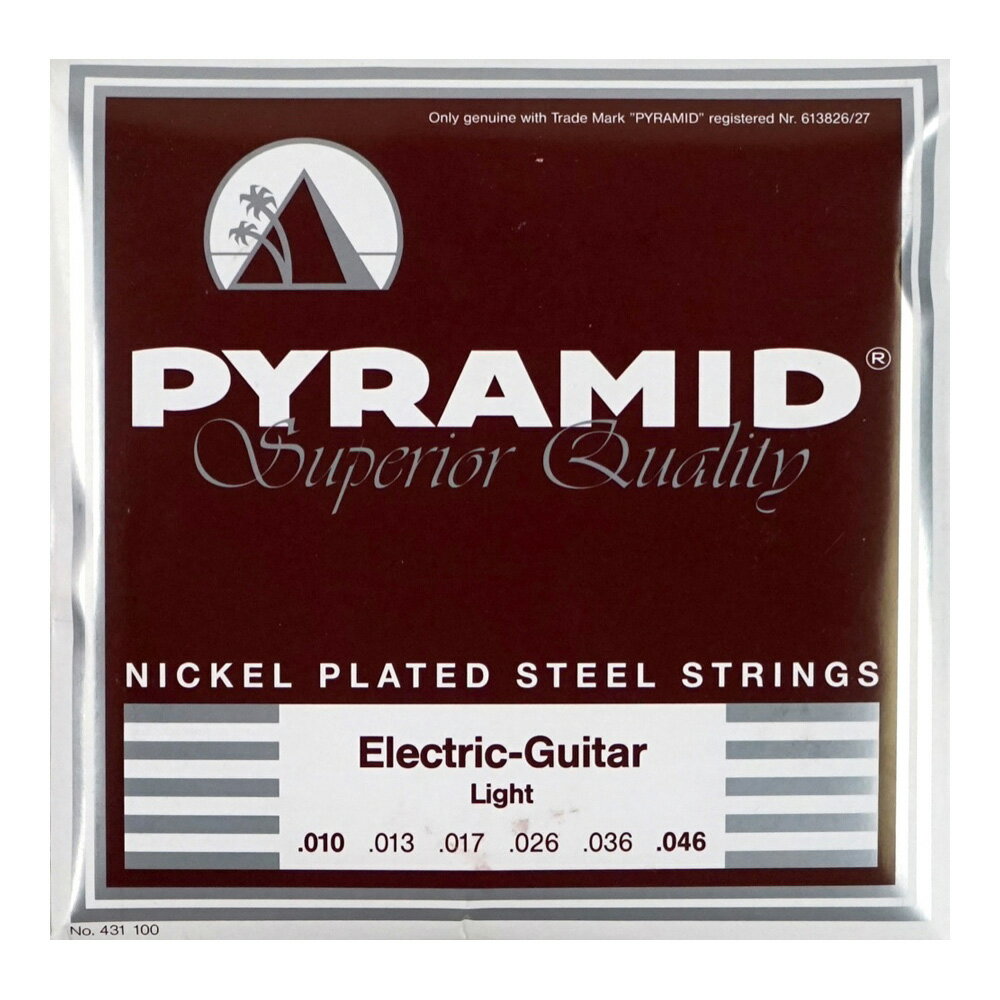 PYRAMID STRINGS EG NPS 010-046 エレキギター弦×6セット。PYRAMID STRINGS EG NPS 010-046 エレキギター弦※掲載画像はサンプルとなっております。詳細に関しましては商品説明をご確認下さい。"PYRAMID Electric Guitar Nickel Plated Steel Strings"ブライトなトーンとロングライフが自慢の、エレクトリックギター専用ゲージセットです。スチール材の表面に薄くニッケル層を重ねる事によって、滑らかで心地よいプレイフィールを実現。｢硬くテンションが強い｣というスチール弦のイメージを払拭しています。また、ニッケル層は磁力特性においてギター用ピックアップによく馴染み、優れたレスポンスとサスティーンを発揮します。特に、ロック〜ヘヴィメタルとの相性は抜群です。medium（.010-.046）※6セットでの販売です。