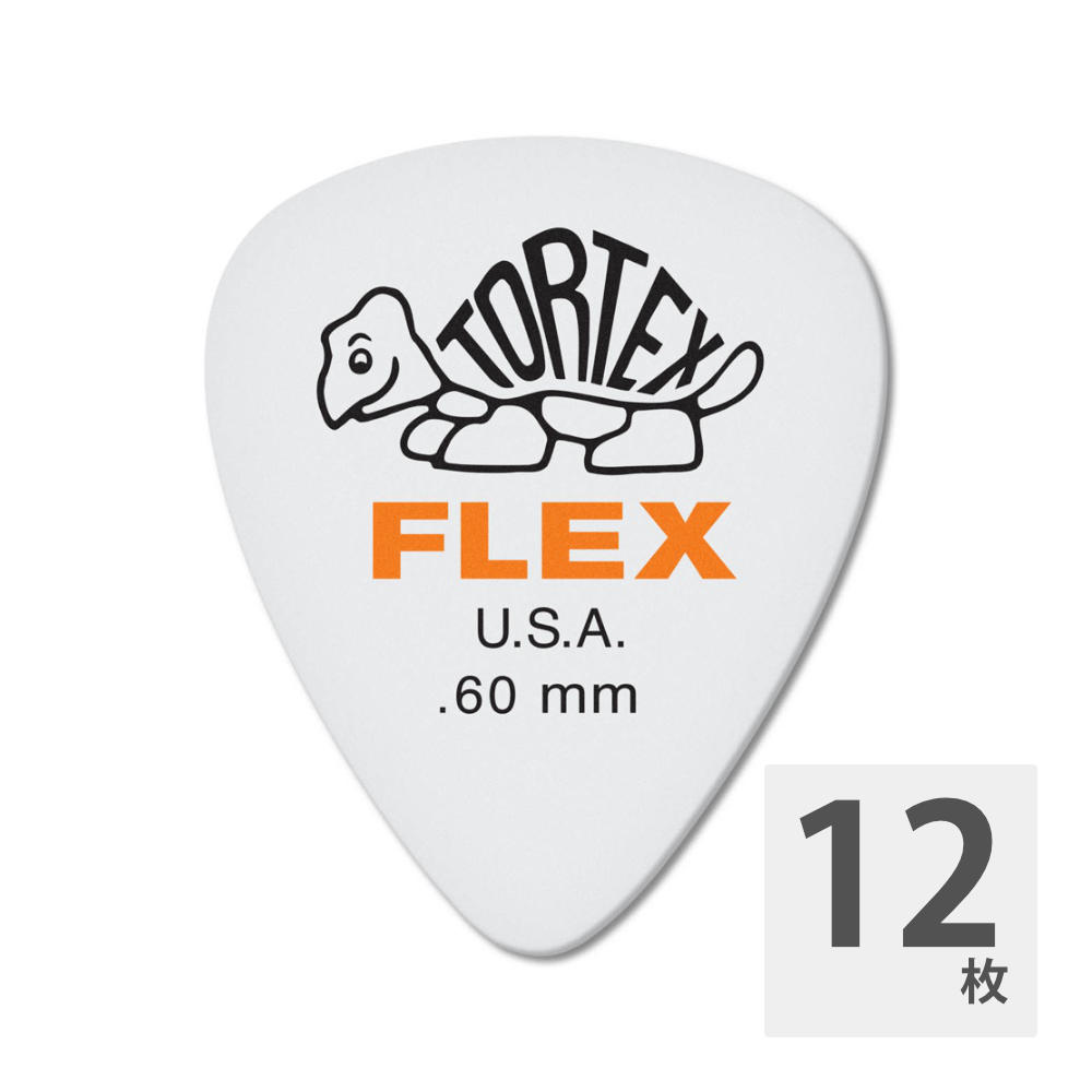 JIM DUNLOP 428 Tortex Flex Standard 0.60mm ギターピック×12枚。Tortexの丈夫さとナイロンの柔軟性、ウォームなトーンを加えた「Tortex Flex」シリーズ。シェイプ：スタンダード（ティアドロップ）ゲージ：0.60mmカラー：ホワイト＆オレンジ（白ベース/オレンジロゴ）※12枚セットでの販売です。