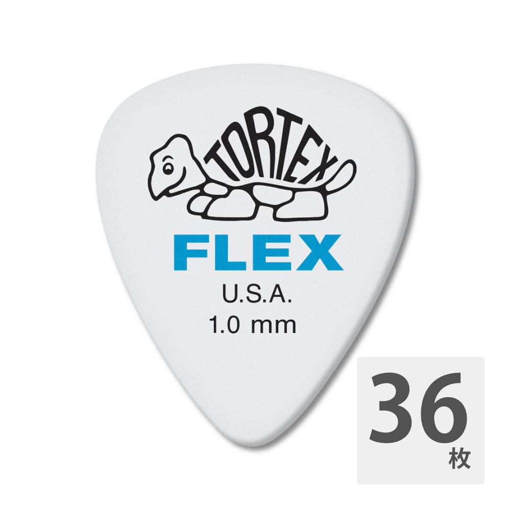 JIM DUNLOP 428 Tortex Flex Standard 1.0mm ギターピック×36枚。Tortexの丈夫さとナイロンの柔軟性、ウォームなトーンを加えた「Tortex Flex」シリーズ。シェイプ：スタンダード（ティアドロップ）ゲージ：1.0mmカラー：ホワイト＆ブルー（白ベース/青ロゴ）※36枚セットでの販売です。