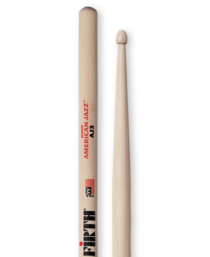 VIC FIRTH VIC-AJ3 ドラムスティック×3セットAMERICAN JAZZアメリカン・ジャズ・シリーズ小さめのティアドロップ(涙)型チップの採用と、ネック部から長めのテーパー形状とすることで、心地よいリバウンド感が得られ、ダークなシンバルサウンドに貢献するモデル。サイズ：13.7×407mm材質：ヒッコリー※3セットでの販売です。