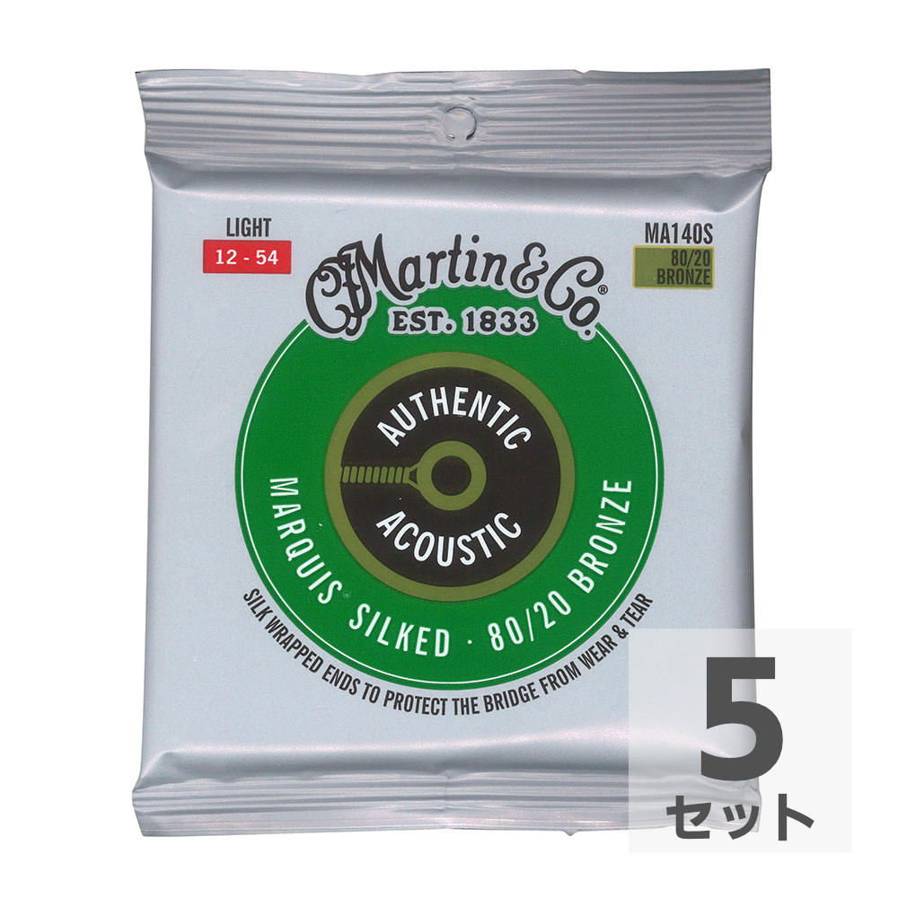 MARTIN MA140S Marquis Silked Bronze Light アコースティックギター弦×5セット。MARTIN MA140S Marquis Silked Bronze Light アコースティックギター弦マーティン・ストリングスがメインとなる製品をリニューアルし、新たに「オーセンティック・アコースティック」シリーズとして、「Marquis Silked」が登場しました。グリーンのパッケージの「マーキス・シルクド弦」は、SP弦のボールエンド部をシルクでラッピングしたもので、例えばデリケートなヴィンテージ・ギターのブリッジ部を保護するのに最適な弦です。Marquis SilkedLightライトゲージ：.012 .016 .025 .032 .042 .054※5セットでの販売です。