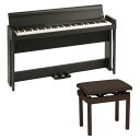 KORG C1 AIR BR 電子ピアノ KORG PC-300BR キーボードベンチセットKORG C1 AIR BR 電子ピアノにKORG純正キーボードベンチをお付けしたセットです。セット内容・KORG C1 AIR BR 電子ピアノ・KORG PC-300 BR キーボードベンチ ピアノ椅子・KORG C1 AIR BR 電子ピアノ・日常に彩りを加える、美しい音とモダンなデザイン。こだわりのスタンダード・モデル。手のすぐ届くところに置いて、気軽に弾ける、それでいて本格派。この C1 Airを暮らしの中に加えると、ピアノを弾くことが犬の散歩やジョギングのように毎日の習慣となり、やがてそれが趣味となり、いつかみんなの前で披露できる ...かも。そんな夢が広がります。邪魔にならないスリムさと、さりげなく主張するシンプルなデザイン。お部屋に溢れる心地よいピアノの響きは、何よりの BGMとなることでしょう。どのレベルの演奏者でも満足できる鍵盤と音など、基本性能はしっかり押さえつつ、 30種類の高品位サウンド、 Bluetoothオーディオ、大迫力のスピーカーなど、ピアノをより楽しむための機能も充実。・信頼の日本製。プレミアム・ジャパン・クオリティ。コルグ・デジタル・ピアノC1 Airは、ハンマーを4段階の重さに分け、低音部ではより重く、高音部ではより軽い感触が得られる優れた性能を持つリアル・ウェイテッド・ハンマー・アクション(RH3)鍵盤を採用しています。C1 Airはこの鍵盤から本体の組み立てまで、京都府、中部の丹波地方にある南丹市美山町で行われています。・心地よいタッチを実現するRH3鍵盤。グランド・ピアノと同様に低音部では重く、高音部にいくほど軽くなるタッチを再現したリアル・ウェイテッド・ハンマー・アクション3(RH3)鍵盤を採用。高い連打性能で、早いパッセージでも演奏者の表現力を損なうことなく音の強弱まで再現します。この鍵盤は環境にも配慮しており、鍵盤のハンマー部に鉛を使用していません。また、タッチの強さによって5段階の音の出方(軽め、標準、重め、安定、一定)を設定できるキー・タッチ・コントロールに対応し、自分のタッチに合わせて演奏を楽しめます。・シンプルで、スリムなデザイン。直線を基調としたシンプルなデザインは、合わせる服を選ばない上着のようにどんなお部屋にもぴったり。奥行きはわずか26センチ (転倒防止金具を除く)というスリムさを実現しながら、印象的な脚部がこのピアノならではの個性をアピールします。また鍵盤を保護するキー・カバーを閉じるとフラットになり、テーブルとしての利用も可能。 ・最先端のテクノロジーで、グランド・ピアノの響きを忠実に再現。演奏する曲によって様々に表情を変えるピアノの音。その表現力の高さを電子ピアノで実現するために、状態が良いグランド・ピアノを選び、正確にチューニングして丁寧にサンプリングした音を使うのはもちろんのこと、演奏フィールからその響きまでグランド・ピアノを再現し、自然で心地よい演奏が得られるための機能を搭載しました。・ダンパー・レゾナンス「ジャーマン・グランド・ピアノ」と「ジャパニーズ・グランド・ピアノ」には、ダンパー・ペダルを踏み込んだときに弦の共鳴によって生まれる、広がりあるリアルな響き「ダンパー・レゾナンス」を組み込んでいます。・キーオフ・シミュレーション鍵盤から指を離したときの音の余韻、弾き方による弦の残響の違いをも再現しており、スタッカートやレガートなど、演奏表現をより向上させます。・高品位な30種類のサウンド、3つのエフェクト。ジャーマン・グランド・ピアノ音色はもちろん、クラシックからジャズ、ポップスまで幅広いジャンルに対応するジャパニーズ・グランド・ピアノ、代表的なエレクトリック・ピアノ音色や、オルガン、クラビ、さらにビブラフォン、アコースティック・ギター、ストリングスまで、表現力豊かな高品質な音色を計30種類内蔵。またこの中には、左手側はベース、右手側がピアノの音を組み合わせた音色も用意しました。そしてブリリアンス、リバーブ、コーラスという3つの高品位なエフェクトを搭載。内蔵音色にはそれぞれ最適なエフェクトがあらかじめプリセットされているので、音色を選べばすぐに最高の音で気持ちよく演奏に専念できます。・Bluetoothオーディオに対応。待望のBluetooth機能を搭載。iPhoneのようなスマートフォンやiPadなどのタブレットと無線で接続して、ミュージック・プレーヤーやYouTubeでいつも聴いている音楽と一緒にピアノの演奏を楽しむことができます。ピアノを演奏しない場合でも、C1 Airを迫力のあるBluetoothスピーカとして使用することで、スマートフォンやタブレットの音楽をお楽しみいただけます。・ヘッドホン使用時に臨場感を与えるステレオ・サウンド・オプティマイザー搭載。ヘッドホンを使用している時でも、アコースティック・ピアノを演奏しているような臨場感のあるサウンドを再現する「ステレオ・サウンド・オプティマイザー」を搭載。 長時間の演奏でも快適さを体感できます。・迫力のサウンドを再生するスピーカー・システム。新設計10 cm x 2の大口径スピーカーは、25 W x 2のアンプ出力によって、大迫力のサウンドを実現。重厚な低音からきらびやかな高音まで、表情豊かなピアノの響きを体感して下さい。・演奏をすぐさま記録。2パート・ソング・レコーダー。2パートのレコーダーを搭載しているので、自分の演奏を録音して客観的に聴き、演奏の上達に役立てることが可能です。ピアノ・ソングと同様の片手ずつの録音や、保存済みのソングに演奏を加える録音にも対応。録音したユーザー・ソングは再生時のテンポ変更も可能です。・メトロノーム、レイヤー、パートナー・モードなど、デジタル・ピアノならではの機能を搭載。レッスンに便利なメトロノームはワンタッチでオン / オフ可能。音色ボタンを2つ同時に押すだけで2つの音色を重ねる「レイヤー・モード」によって、ピアノにストリングスやビブラフォンなどを重ねての演奏も可能です。また鍵盤の左側と右側で分けて、2人の演奏者が同じ音域で演奏ができる「パートナー・モード」も搭載。先生と生徒、あるいは親子で、楽しくレッスンができます。・練習に役立つ、40曲のピアノ・ソング。音色の違いを楽しめる通常のデモ・ソング10曲に加え、40曲のピアノ・ソングを内蔵しています。テンポ・コントロールやパート(右手、左手)別の再生にも対応しているので、片手ずつの練習や、苦手な部分のレッスンに活用することができます。・ハーフ・ペダルにも対応、3本ペダルを標準装備。ピアノの演奏に欠かすことのできないペダルは、アコースティック・ピアノ同様にダンパーに加えソフト、ソステヌートを使うことができる3本ペダルを標準装備。ダンパー、ソフトはハーフ・ペダルにも対応しており、より細やかな表現が行えます。主な仕様・カラー ブラウン(BR、木目調仕上げ)・鍵盤 RH3(リアル・ウェイデッド・ハンマー・アクション3)鍵盤：88鍵(A0 ~ C8)・タッチ・カーブ 5種類・ピッチ トランスポーズ、マスター・チューニング・音律 3種類・音源 ステレオPCM音源・同時発音数 120(最大)・音色 30音色(10 x 3バンク)・エフェクト ブリリアンス、リバーブ、コーラス(各3段階)・レコーダー 2パート*、最大14，000ノート(約100KByte)，パートごとの音色変更は不可・デモ・ソング 50(音色デモ・ソング10、 ピアノ・ソング40)・メトロノーム テンポ、拍子、音色、音量・ペダル ダンパー、ソステヌート、ソフト、はハーフ・ペダル対応・接続端子 LINE OUT、MIDI(IN、OUT)、ヘッドホン×2、ペダル、スピーカー・コントロール 電源、VOLUME、PIANO SONG、TRANSPOSE、FUNCTION、TOUCH、BRILLIANCE、REVERB、CHORUS、BANK、音色 x10、DISPLAY、+、-、METRONOME、再生/一時停止、停止、録音、PART1、PART2・無線方式 Bluetooth(A2DP Sink)・スピーカー 10cm ×2・アンプ出力 25W x2・電源 DC 24V・消費電力 18W・外形寸法(W×D×H) 1346x347x770mm、1346x347x926mm(キー・カバーを開けた状態)・質量 35kg(専用スタンド込み)・付属品 ACアダプター、専用スタンド、ヘッドホン・KORG PC-300 BR キーボードベンチ ピアノ椅子4本足で高さ調整が自由にできるキーボードベンチです。カラー：ブラウン※C1-air BR、G1-air BRのマッチングカラーサイズ：W 470mm / D 310mm / H 460〜550mm質量：6.7kg