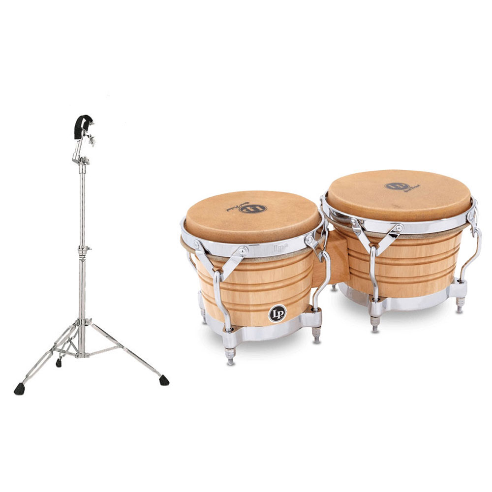 LP LP201A-2 Generation II Bongos ボンゴ スタンド付きセットLP LP201A-2 Generation II Bongos ボンゴとLP純正ボンゴスタンドのセットです。セット内容・LP LP201A-2 Generation II Bongos ボンゴ・LP M245 ボンゴスタンド・LP LP201A-2 Generation II Bongos ボンゴLP Generation II ボンゴは世界中のトップ・パーカッショニストに使われています。窯で乾燥したSiam Oak材で使用して作られ、他のボンゴに比べてよりハイトーンがはっきり鳴ります。生皮成形のヘッドで、 標準的な7-1/4″ と 8-5/8″ の組み合わせです。LP ウッドボンゴは、サルサプレーヤーがボンゴを床に落としてプレーするスタイルのために、ボンゴシェルにクラックが入らないように、バッキングプレートで補強されています。直径 5/16″ のチューニングラグはアルミダイキャスト低部との組み合わせシェルを演奏しやすく包んでいます。リムは、トラディショナルなリムとLP Comfort Curve II リムの2タイプがあり、それぞれゴールドとクロム仕上げがあります。LP201A-2：LP Generation II Wood Bongos Traditional RimsNo Suffix=Natural Finish, Chrome