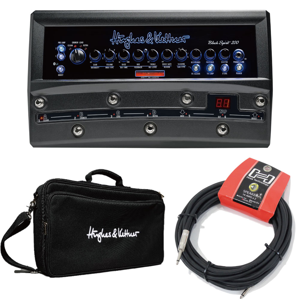 Hughes＆Kettner BLACK SPIRIT 200 Floor フロア型アンプヘッド 専用キャリーバッグ Hosa スピーカーケーブル付きセットBLACK SPIRIT 200ヘッドとMIDIボードFSM432MK3が一体化したフロアタイプアンプ 「BLACK SPIRIT 200 Floor」に専用キャリーバッグ、Hosaのスピーカーケーブルをお付けしたセットです。セット内容：・Hughes＆Kettner BLACK SPIRIT 200 Floor フロア型 アンプヘッド・Hughes＆Kettner HUK-BS200F BAG ブラックスピリッツフロア 専用キャリーバッグ・Hosa SKJ-625 7.6m 両側モノラルフォン SS スピーカーケーブル【Hughes＆Kettner BLACK SPIRIT 200 Floor フロア型 アンプヘッド】BLACK SPIRIT 200ヘッドとMIDIボードFSM432MK3が一体化したフロアタイプアンプ。優れたモバイル性。（サイズ：470 × 70 × 255mm 、重さ：4.1kg）※参考BS200 HEAD 3.6kg 、FSM432 MK3 1.7kg■Black Spirit 200 HEADからの追加機能を搭載！●外部エフェクターを接続するための、2つのpre Loops。●イアモニターかFRFRスピーカーで、ギターの音にバンドの音をミックスするためのXLR端子のモニターIN機能。●7つのプリセットにアクセスできる「direct 7」モード。Power Output : 2, 20, 200 Watts (switchable)Channels : Clean, Crunch, Lead, UltraNoise Gate : IDB (Intelligent Dual Breakpoint) Noise GateIntegrated Effects : Reverb, Delay, Modulation (Chorus, Phaser, Flanger, Tremolo)FX Loop SerialRed Box AE+ : 8 cabinet emulations, XLR balancedFully Programmable Controls : Channel, Gain, Volume, EQ, Sagging, Presence, Resonance, Noise Gate,Pre-Loop 1 ＆ 2 On/Off , Boost On/Off , FX Parameters, FX Loop On/Off, Cabinet TypeRemote Control : Bluetooth, MIDIAux Input : Mini jack, 3.5 mm stereoAudio Streaming : BluetoothPhones/Line jack : 6.3 mm (1/4") stereo, 50 OhmsSpeaker Out : 8-16 Ohms, switchable from guitar cab to full range speakerMIDI In : 7-pin, 20 V DC phantom power (150 mA), 5-pin compatibleMIDI Out/Thru : 5-pinMax. power consumption : 300 WINTEGRATED MIDI BOARD : Preset Mode : 32 Banks 4 Presets par Bank , Tap DelayStomp Box Mode : Clean , Crunch , Lard , Ultra , Mod On/Off , Delay On/Off, Boost On/OffDirect 7 Mode : direct access to 7 out of 128 presetControl 1 ＆ 2 : TRS Jacks for foot switches and expression pedalsDimensions : 470 × 70 × 255mmWeight : 4.1 kg【Hughes＆Kettner HUK-BS200F BAG ブラックスピリッツフロア 専用キャリーバッグ】Hughes＆Kettner BLACK SPIRIT 200 Floor専用のキャリバッグです。【Hosa SKJ-625 7.6m 両側モノラルフォン SS スピーカーケーブル】世界的なケーブルメーカー『Hosa（ホサ）』のOFC（無酸素銅）を使用した楽器用スピーカーケーブルです。ホサのワールドクラスの製造技術と高品質のパーツを使用する事で、優れた性能と耐久性、長寿命を実現しています。・無酸素銅（OFC）導体を使用する事で低抵抗を実現。・優れた耐久性と柔軟性、ステージ上でも目立たないブラックPVCジャケット。・ラインレベルではなく、アンプ、スピーカーレベルの機器向け。・長さ：25feet（約7.6m）・プラグ：Hosa 1/4 in TS・導体：16 AWG x 2 OFC