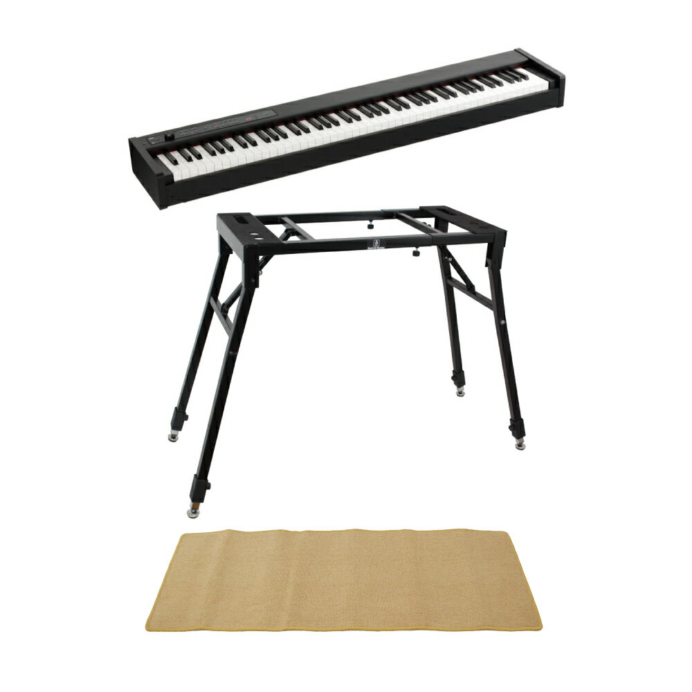 KORG D1 DIGITAL PIANO 電子ピアノ 4本脚スタンド ピアノマット(クリーム)付きセットスピーカーレスのスリム・ピアノ『D1』に、Dicon Audioの4本脚スタンド、キズ防止のマットをお付けしたセット商品です。セット内容・KORG D1 DIGITAL PIANO 電子ピアノ・Dicon Audio KS-060 Keyboard Stand 4本脚型 キーボードスタンド・SHOP ORIGINAL PSMD145 CR PIANO SETTING MAT Double 145×55 ピアノセッティングマットーーーーーーーーーーーーーーーーーーーーーーーーーーーーーーーーーーーーーーーーーーーーー【KORG D1 DIGITAL PIANO 製品詳細】グランド・ピアノの弾き心地をステージでも、お部屋でも。 日々の練習からライブまで使える、スピーカーレスのスリム・ピアノ。クラシックだけでなく、ジャズもロックも、ファンクも弾きたい。狭い部屋にもスマートに置きたい、どこにでも持っていける機動力が欲しい。でもやっぱり、タッチにはこだわりたい。 D1は、そんなピアニスト、キーボーディストの願いをすべて叶えるピアノです。 D1は、極限までスリム化にこだわりました。その結果、グランド・ピアノの弾き心地を再現した最上級の鍵盤が持ち運び可能に。コルグが培った上質な鍵盤に、ステージで映える30種類のバラエティ豊かなサウンド。日々の練習からステージまで、しっかり寄り添います。【特徴】・日本製の高品質なRH3鍵盤。・どこでも持ち運べるコンパクト・ボディ。・高品位な30種類のサウンド。・最先端のテクノロジーで、グランド・ピアノの響きを忠実に再現。・デジタル・ピアノならではの便利な機能。・標準サイズのLINE OUT端子に加え、MIDI IN/OUT端子も装備。・ステージでの演奏に必須な、譜面立てと専用ペダルを付属。【Specifications】鍵盤：RH3（リアル・ウェイテッド・ハンマー・アクション3）鍵盤：88鍵（A0〜C8）タッチ・コントロール：5段階ピッチ：トランスポーズ、ファイン・チューニング音律：9種類音源：ステレオPCM音源同時発音数：120（最大）音色：30音色（10 x 3バンク）エフェクト：ブリリアンス、リバーブ、コーラス（各3段階）デモ・ソング：30（音色デモ・ソング10、 ピアノ・ソング20）メトロノーム：テンポ、拍子、アクセント、音量、音色ペダル：ダンパー （ハーフ・ペダル対応※別売アクセサリーDS-1H使用時）接続端子：LINE OUT（L/MONO、R）、MIDI（IN、OUT）、ヘッドホン、DAMPERコントロール：電源、VOLUME、PIANO SONG、TRANSPOSE、FUNCTION、TOUCH、BRILLIANCE、REVERB、CHORUS、BANK、音色 x10、+、-、METRONOME電源：DC 9V、ACアダプター（付属）消費電力：1.5W【外形寸法（W x D x H）】1327 x 263 x 128 mm　譜面立てなし1327 x 375 x 328 mm　譜面立てあり質量：16kg付属品：ACアダプター、譜面立て、ダンパー・ペダル、ヘッドホン別売アクセサリー：ダンパー・ペダル（DS-1H）、専用スタンド（ST-SV1）、ソフト・ケース（SC-D1）ーーーーーーーーーーーーーーーーーーーーーーーーーーーーーーーーーーーーーーーーーーーーー【Dicon Audio KS-060 Keyboard Stand 製品詳細】安定感があり、足元のスペースも十分に取れる4本脚タイプのキーボードスタンド。折りたたみ時のサイズが71cm×39cmと、4本脚タイプとしては非常にコンパクトに収納出来るため持ち運びも楽々。高さは64cm〜82cmの間で4段階に調節可能。座奏から立奏まで幅広いスタイルに対応します。幅は 71cm〜101cmまで無段階に調整可能。88鍵盤モデルなど大型のシンセサイザーでも安定感のある設置を実現しています。外向きに起つよう設置された4本のレッグは足元に十分なスペースを確保しつつ、安定性を強化。ミュージシャン目線で使いやすさと自由度にこだわったキーボードスタンドです。商品詳細高さ：64cm〜81cmスタンド幅：71cm〜101cmスタンド奥行き：32cm脚部幅：104cmから149cm脚部奥行き：39cmから42cm重量：7.5kg耐荷重：70kgーーーーーーーーーーーーーーーーーーーーーーーーーーーーーーーーーーーーーーーーーーーーー【SHOP ORIGINAL PSMD145 CR PIANO SETTING MAT Double 145×55 ピアノセッティングマット】ピアノ設置時のフローリングなどの床面へのキズ防止にご使用頂けます。※防音・防振効果はございません。※本商品のサイズより大きい電子ピアノへのご使用には適しておりません。※電子ピアノを設置した際の擦り傷等の防止にはなりますが、長期間設置した場合の電子ピアノ自体の重みにより足部分の跡が着く可能性もございます。完全に床面への傷を防ぐ物ではございません。あらかじめご了承ください。※畳等の平面ではない床面でのご使用の場合、電子ピアノがぐらつく場合がございます。※電子ピアノ自体の転倒防止については、お客様ご自身で対策をお願い致します。■スペック素材：ポリプロピレンサイズ：幅約147cm x 奥行き約57cm x 厚み約0.8cm重量：約2.2kgカラー：クリーム