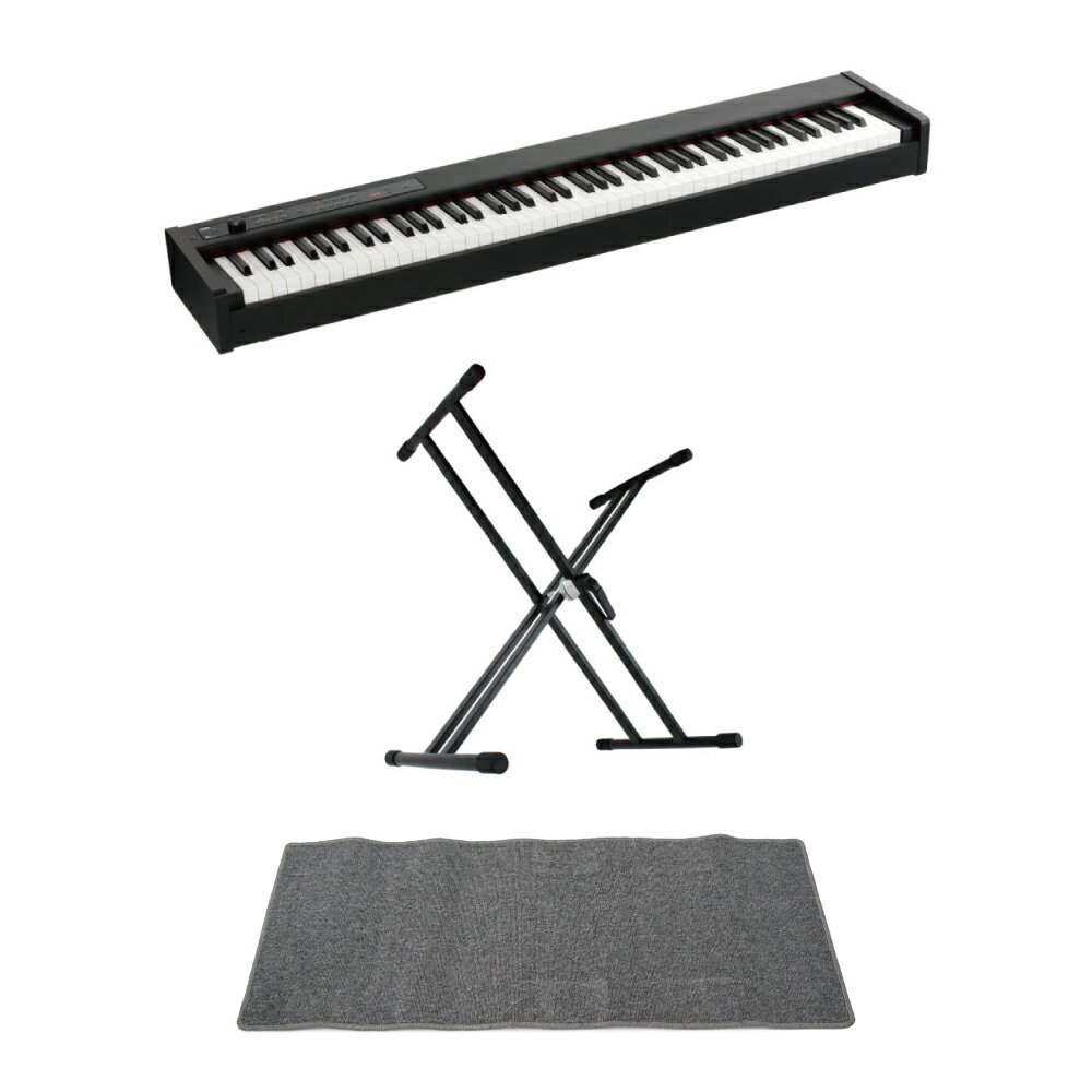 KORG D1 DIGITAL PIANO 電子ピアノ X型スタンド ピアノマット(グレイ)付きセットコルグ デジタルピアノ D1 に、X型キーボードスタンド、キズ防止のマットをお付けしたセット商品です。【セット内容】・KORG D1 DIGITAL PIANO 電子ピアノ・Dicon Audio KS-020 Keyboard Stand X型キーボードスタンド ダブルレッグ・SHOP ORIGINAL PSMD145 GR PIANO SETTING MAT Double 145×55 ピアノセッティングマットーーーーーーーーーーーーーーーーーーーーーーーーーーーーーーーーーーーーーーーーーーーーー【KORG D1 DIGITAL PIANO 電子ピアノ】グランド・ピアノの弾き心地をステージでも、お部屋でも。 日々の練習からライブまで使える、スピーカーレスのスリム・ピアノ。クラシックだけでなく、ジャズもロックも、ファンクも弾きたい。狭い部屋にもスマートに置きたい、どこにでも持っていける機動力が欲しい。でもやっぱり、タッチにはこだわりたい。 D1は、そんなピアニスト、キーボーディストの願いをすべて叶えるピアノです。 D1は、極限までスリム化にこだわりました。その結果、グランド・ピアノの弾き心地を再現した最上級の鍵盤が持ち運び可能に。コルグが培った上質な鍵盤に、ステージで映える30種類のバラエティ豊かなサウンド。日々の練習からステージまで、しっかり寄り添います。【特徴】・日本製の高品質なRH3鍵盤。・どこでも持ち運べるコンパクト・ボディ。・高品位な30種類のサウンド。・最先端のテクノロジーで、グランド・ピアノの響きを忠実に再現。・デジタル・ピアノならではの便利な機能。・標準サイズのLINE OUT端子に加え、MIDI IN/OUT端子も装備。・ステージでの演奏に必須な、譜面立てと専用ペダルを付属。●日本製の高品質なRH3鍵盤。低音部では重く、高音部ほど軽くなるグランド・ピアノのタッチを再現したリアル・ウェイテッド・ハンマー・アクション3（RH3）鍵盤を採用。鍵盤の自然な重さが感じられる、いつまでも弾いていたくなるタッチを実現しています。●どこでも持ち運べるコンパクト・ボディ。エレガントな質感のブラックで仕上げたしっかりとした木製のボディは、快適な演奏を楽しめる最小奥行きサイズ約26センチ（※）というスリムさを実現しました。D1は、本格的なウェイテッド鍵盤を使用しているにもかかわらず、専用ソフト・ケースSC-D1（別売）を使用し、どこへでも持ち運ぶことができる機動力を備えています。スタイリッシュなスタンドST-SV1（別売）を使えば、ステージでもお部屋でも、スマートに設置可能です。 （※譜面立てなしの場合）●高品位な30種類のサウンド。D1はクラシックからジャズ、ポップスまで幅広いジャンルに対応する多彩なピアノ音色はもちろん、ステージで映えるエレクトリック・ピアノやオルガン、クラビ、さらにビブラフォン、アコースティック・ギター、ストリングスまで、表現力豊かな音色を計30種類内蔵しています。・弾くのが楽しくなるリッチなピアノ音色。アコースティック・ピアノに限りなく近い演奏フィーリングを実現するため、演奏の強弱に応じて4つのピアノ・サンプルを切り替え。繊細なタッチからダイナミックな演奏までリアルな音で応えます。ピアノ音色全体でも「弾いて楽しい」「気持ち良い」音を実現しました。・本格的なエレクトリック・ピアノ音色。エレクトリック・ピアノ音色では、タッチによる音色の違いだけでなく、キーオフのノイズまでも再現。また60〜70年代のポップスで広く使われた音色や、ソウル・ミュージックで重宝された音色など、6種類のバリエーションを内蔵しています。・オルガン音色。ロックやジャズに適した音色から荘厳なパイプ・オルガンまで、多彩な音色を6種類内蔵しています。●最先端のテクノロジーで、グランド・ピアノの響きを忠実に再現。グランド・ピアノを再現し、自然で心地よい演奏が得られるための機能を搭載しました。・ダンパー・レゾナンス。「コンサート・ピアノ」と「グランド・ピアノ」、そして「ジャズ・ピアノ」の3つのピアノ音色は、ダンパー・レゾナンスを搭載しています。アコースティック・ピアノ独特の、ダンパー・ペダルを踏み込んだときに弦の共鳴によって生まれる、広がりのあるリアルな響きを再現します。・キーオフ・シミュレーション。鍵盤から指を離したときの音の余韻、弾き方による弦の残響の違いをも再現しており、スタッカートやレガートなど、演奏表現をより向上させます。●デジタル・ピアノならではの便利な機能。メトロノームはワンタッチでオン / オフ可能。音色ボタンを2つ同時に押すだけで2つの音色を重ねるレイヤー・モードによって、ピアノにストリングスやビブラフォンなどを重ねての演奏も可能です。また、タッチの強さによって音の出方を5段階（軽め、標準、重め、安定、一定）に設定できるタッチ・コントロール機能を搭載し、自分のタッチに合わせて演奏を楽しめます。そしてブリリアンス、リバーブ、コーラスという3つの高品位なエフェクトを搭載。内蔵音色にはそれぞれ最適なエフェクトがあらかじめプリセットされているので、音色を選べばすぐに最高の音で気持ちよく演奏に専念できます。●標準サイズのLINE OUT端子に加え、MIDI IN/OUT端子も装備。D1はステージ上で必要な外部接続端子を備えています。標準サイズのLINE OUT端子は、アンプ付きスピーカーや録音機器などに直接接続可能。またMIDI IN/OUT端子もを装備。MIDIインターフェースを介してコンピューターと接続し、D1をMIDIキーボードとして使用したり、ピアノ音源として使用することも可能です。●ステージでの演奏に必須な、譜面立てと専用ペダルを付属。ステージでの演奏に欠かすことのできない譜面立てを標準装備。D1本体に簡単に取り付けられます。持ち運びに便利なコンパクト・サイズのダンパー・ペダルも付属。お部屋での練習に最適なヘッドホンも付属しています。【Specifications】鍵盤：RH3（リアル・ウェイテッド・ハンマー・アクション3）鍵盤：88鍵（A0〜C8）タッチ・コントロール：5段階ピッチ：トランスポーズ、ファイン・チューニング音律：9種類音源：ステレオPCM音源同時発音数：120（最大）音色：30音色（10 x 3バンク）エフェクト：ブリリアンス、リバーブ、コーラス（各3段階）デモ・ソング：30（音色デモ・ソング10、 ピアノ・ソング20）メトロノーム：テンポ、拍子、アクセント、音量、音色ペダル：ダンパー （ハーフ・ペダル対応※別売アクセサリーDS-1H使用時）接続端子：LINE OUT（L/MONO、R）、MIDI（IN、OUT）、ヘッドホン、DAMPERコントロール：電源、VOLUME、PIANO SONG、TRANSPOSE、FUNCTION、TOUCH、BRILLIANCE、REVERB、CHORUS、BANK、音色 x10、+、-、METRONOME電源：DC 9V、ACアダプター（付属）消費電力：1.5W【外形寸法（W x D x H）】1327 x 263 x 128 mm　譜面立てなし1327 x 375 x 328 mm　譜面立てあり質量：16kg付属品：ACアダプター、譜面立て、ダンパー・ペダル、ヘッドホン別売アクセサリー：ダンパー・ペダル（DS-1H）、専用スタンド（ST-SV1）、ソフト・ケース（SC-D1）ーーーーーーーーーーーーーーーーーーーーーーーーーーーーーーーーーーーーーーーーーーーーー【Dicon Audio KS-020 Keyboard Stand X型キーボードスタンド ダブルレッグ】※組立完了後ガタツキがある場合、突起が付いている接地部のラバーキャップをそれぞれ回し、調整してください。シンプルなX型キーボードスタンド。持ち運びにも便利なサイズです。レバー式固定ギアで高さ調整も楽々。【サイズ】使用時の高さ：330mm〜約850mm（座奏〜立奏）※850mm以上の高さに設定するとスタンドの安定性が無くなります。幅：490mm（高850mm）〜960mm（高330mm）奥行き：足部分/490mm、キーボード設置部分/410mm重量：4.2kg耐荷重： 約55kg【折りたたみ時】サイズ：80×490×1000mm（WxDxH）ーーーーーーーーーーーーーーーーーーーーーーーーーーーーーーーーーーーーーーーーーーーーー【SHOP ORIGINAL PSMD145 GR PIANO SETTING MAT Double 145×55 ピアノセッティングマット】ピアノ設置時のフローリングなどの床面へのキズ防止にご使用頂けます。※防音・防振効果はございません。※本商品のサイズより大きい電子ピアノへのご使用には適しておりません。※電子ピアノを設置した際の擦り傷等の防止にはなりますが、長期間設置した場合の電子ピアノ自体の重みにより足部分の跡が着く可能性もございます。完全に床面への傷を防ぐ物ではございません。あらかじめご了承ください。※畳等の平面ではない床面でのご使用の場合、電子ピアノがぐらつく場合がございます。※電子ピアノ自体の転倒防止については、お客様ご自身で対策をお願い致します。■スペック素材：ポリプロピレンサイズ：幅約147cm x 奥行き約57cm x 厚み約0.8cm重量：約2.2kgカラー：グレイ