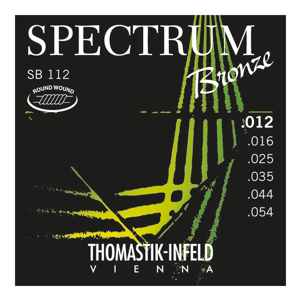 Thomastik-Infeld SB112 Spectrum Bronze 12-54 アコースティックギター弦×3セット。Thomastik-Infeld SB112 Spectrum Bronze 12-54 アコースティックギター弦弦の消耗には多額のコストがかかってしまいます。いつもお気に入りの弦も、演奏するにしたがって音色が劣化してしまうものです。この問題は全てのギタリストにとって共通の悩みではないでしょうか。このThe Spectrum Bronze Series（スペクトラムブロンズシリーズ）は、プロミュージシャンの要求により特別に開発されました。それは、「普段は経済面から妥協しがちな弦だが、レコーディングという記録に残る大切な演奏のためには最高の音質を確保したい。」「最高の晴れ舞台であるコンサートで、卓越したライブパフォーマンス性をもった弦で誰をもあっと言わせたい！」というもの。大切な演奏の時だけ特別な弦を使用する。これで音色への妥協もコスト面もカバーできます。あなたのステータスをさらにもう一段あげることが可能な弦なのです。秘密は、伝統と格式あるThomastik-Infeld独自の製法”Silk inlay techcology"。この独特な方式、”Silk inlay techcology"とはThomastik社の最高技術を導入した巻き弦方式で、この製法によりトーンに素晴らしい暖かみを与えつつ、爆発するような音の切れ味を引き出すことが可能です。バイオリンやコントラバス等のクラシック弦製作では群を抜いているThomastik社だからできる音色を一度体感してみて下さい。1st E Plain Steel .0122nd B Plain Steel .0163rd G Bronze Round Wound .0254th D Bronze Round Wound .0355th A Bronze Round Wound .0446th E Bronze Round Wound .054※3セットでの販売です。