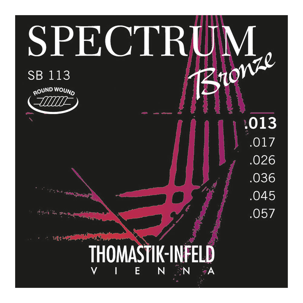 Thomastik-Infeld SB113 Spectrum Bronze 13-57 アコースティックギター弦×3セット。Thomastik-Infeld SB113 Spectrum Bronze 13-57 アコースティックギター弦弦の消耗には多額のコストがかかってしまいます。いつもお気に入りの弦も、演奏するにしたがって音色が劣化してしまうものです。この問題は全てのギタリストにとって共通の悩みではないでしょうか。このThe Spectrum Bronze Series（スペクトラムブロンズシリーズ）は、プロミュージシャンの要求により特別に開発されました。それは、「普段は経済面から妥協しがちな弦だが、レコーディングという記録に残る大切な演奏のためには最高の音質を確保したい。」「最高の晴れ舞台であるコンサートで、卓越したライブパフォーマンス性をもった弦で誰をもあっと言わせたい！」というもの。大切な演奏の時だけ特別な弦を使用する。これで音色への妥協もコスト面もカバーできます。あなたのステータスをさらにもう一段あげることが可能な弦なのです。秘密は、伝統と格式あるThomastik-Infeld独自の製法”Silk inlay techcology"。この独特な方式、”Silk inlay techcology"とはThomastik社の最高技術を導入した巻き弦方式で、この製法によりトーンに素晴らしい暖かみを与えつつ、爆発するような音の切れ味を引き出すことが可能です。バイオリンやコントラバス等のクラシック弦製作では群を抜いているThomastik社だからできる音色を一度体感してみて下さい。1st E Plain Steel .0132nd B Plain Steel .0173rd G Bronze Round Wound .0264th D Bronze Round Wound .0365th A Bronze Round Wound .0456th E Bronze Round Wound .057※3セットでの販売です。