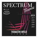 Thomastik-Infeld SB113 Spectrum Bronze 13-57 アコースティックギター弦×6セット。Thomastik-Infeld SB113 Spectrum Bronze 13-57 アコースティックギター弦弦の消耗には多額のコストがかかってしまいます。いつもお気に入りの弦も、演奏するにしたがって音色が劣化してしまうものです。この問題は全てのギタリストにとって共通の悩みではないでしょうか。このThe Spectrum Bronze Series（スペクトラムブロンズシリーズ）は、プロミュージシャンの要求により特別に開発されました。それは、「普段は経済面から妥協しがちな弦だが、レコーディングという記録に残る大切な演奏のためには最高の音質を確保したい。」「最高の晴れ舞台であるコンサートで、卓越したライブパフォーマンス性をもった弦で誰をもあっと言わせたい！」というもの。大切な演奏の時だけ特別な弦を使用する。これで音色への妥協もコスト面もカバーできます。あなたのステータスをさらにもう一段あげることが可能な弦なのです。秘密は、伝統と格式あるThomastik-Infeld独自の製法”Silk inlay techcology"。この独特な方式、”Silk inlay techcology"とはThomastik社の最高技術を導入した巻き弦方式で、この製法によりトーンに素晴らしい暖かみを与えつつ、爆発するような音の切れ味を引き出すことが可能です。バイオリンやコントラバス等のクラシック弦製作では群を抜いているThomastik社だからできる音色を一度体感してみて下さい。1st E Plain Steel .0132nd B Plain Steel .0173rd G Bronze Round Wound .0264th D Bronze Round Wound .0365th A Bronze Round Wound .0456th E Bronze Round Wound .057※6セットでの販売です。
