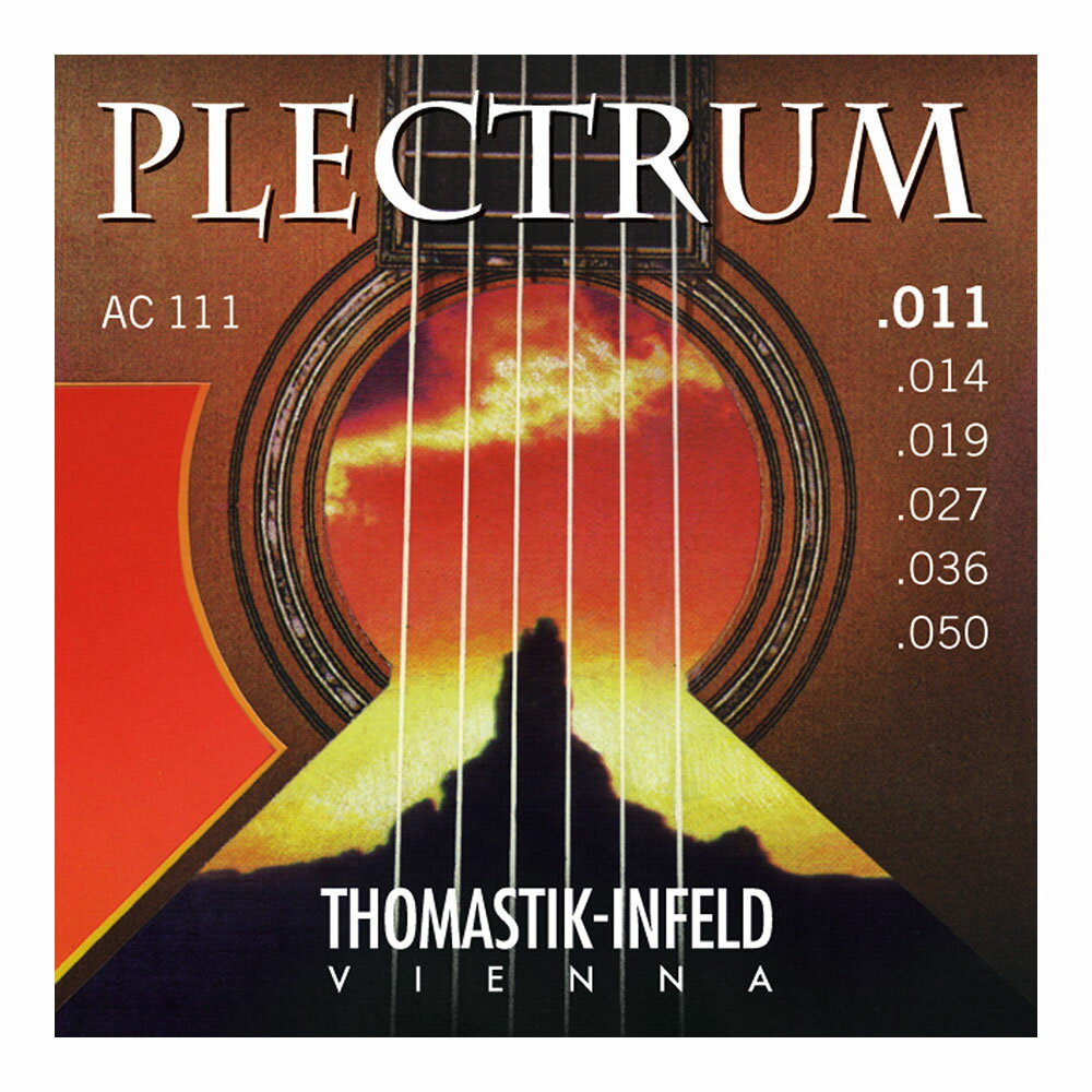 Thomastik-Infeld AC111 Prectrum Acoustic Series 11-50 アコースティックギター弦×6セット。Thomastik-Infeld AC111 Prectrum Acoustic Series 11-50 アコースティックギター弦全体的には少し低めに設定したテンションに組み合わされた、フラットワウンド弦（A、D、G）とラウンドワウンド弦（E）、そしてシルクインレイ。最上級の美しさとクラシックな音色をプロデュースしました。このコンビネーションがもたらすトーンはまさにジャジーな奏法にもぴったりです。トマスティック社のプレクトラム弦は、数々の経験をフルに活用しそれぞれのギターがもっている独特のトーンを強調することが可能です。特に相性が良いのはビンテージギターやオールドギターであり、上級の質感を与えることで、あなたの大切なギターの最も良い部分を最大限に引き出してくれることでしょう。1st E Plain Steel .0112nd B Plain Steel .0143rd G Bronze Flat Wound .0194th D Bronze Flat Wound .0275th A Bronze Flat Wound .0366th E Bronze Round Wound .050※6セットでの販売です。