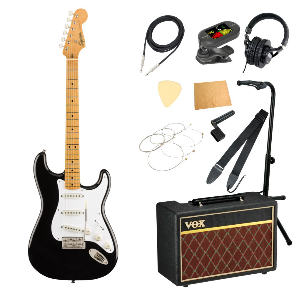 Squier Classic Vibe '50s Stratocaster MN BLK エレキギター VOXアンプ付き 入門11点 初心者セット※ギター本体、アンプ以外の小物類に関しては、用途は同じですが掲載画像の製品と異なる場合がございます。あらかじめご了承ください。エレキギターにVOXアンプ「VOX Pathfinder10」、ケーブル、チューナー、ストラップ、換え弦、スタンド、ピック、クロス、ヘッドホン、ストリングワインダーをお付けした11点セットです。Squier Classic Vibe '50s Stratocaster MN BLK エレキギター50年代に誕生したStratocasterを記念するClassic Vibe ‘50s Stratocasterは、フェンダーが開発したアルニコシングルコイルピックアップを3基搭載し、幅広いサウンドメイキングが可能です。ナロートールフレットを装備した9.5インチラジアス指板のCネックシェイプ、ヴィンテージスタイルのトレモロシステムなど、快適で表情豊かな演奏を実現するスペックを備えています。ヘッドやネックは50年代のStratocasterにインスパイアされた仕上げとなっており、本格的なオールドスクールの風格をまとっています。【Spec】ボディ：Natoボディフィニッシュ：Gloss Polyurethaneボディシェイプ：Stratocasterネック：Mapleネックフィニッシュ：Tinted Gloss Urethaneネックシェイプ："C" Shapeスケール：25.5" (648 mm)フィンガーボード：Mapleフィンガーボードラジアス：9.5" (241 mm)フレットナンバー：21Frets Size：Narrow Tallナット：Boneナット幅：1.650" (42 mm)ポジションインレイ：Black Dotトラスロッド：Head Adjustブリッジピックアップ：Fender Designed Alnico Single-Coilミドルピックアップ：Fender Designed Alnico Single-Coilネックピックアップ：Fender Designed Alnico Single-Coilコントロール：Master Volume, Tone 1. (Neck Pickup), Tone 2. (Bridge/Middle Pickup)ピックアップスイッチ：5-Position Blade: Position 1. Bridge Pickup, Position 2. Bridge and Middle Pickup, Position 3. Middle Pickup, Position 4. Middle and Neck Pickup, Position 5. Neck Pickupピックアップコンフィギュレーション：SSSブリッジ：6-Saddle Vintage-Style Synchronized Tremoloハードウェアフィニッシュ：Nickelチューニングマシーン：Vintage-Styleピックガード：1-Ply Whiteコントロールノブ：Aged White Plasticカラー：Black●セット内容・エレキギター本体・ギターアンプ・ギターケーブル・チューナー・ギターストラップ・ギター弦・ギタースタンド・ギターピック×10枚・ヘッドホン・クロス・ストリングワインダー