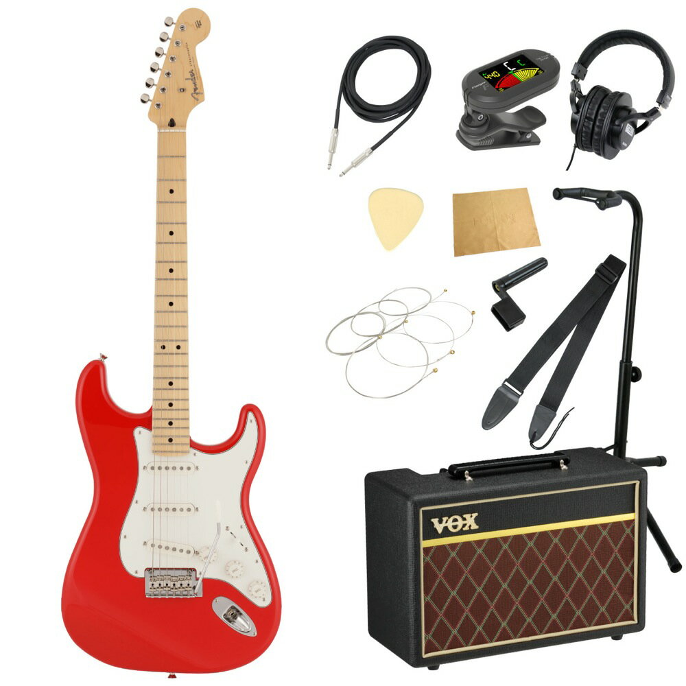 Fender Made in Japan Hybrid II Stratocaster MN MDR エレキギター VOXアンプ付き 入門11点 初心者セット※ギター本体、アンプ以外の小物類に関しては、用途は同じですが掲載画像の製品と異なる場合がございます。あらかじめご了承ください。エレキギターにVOXアンプ「VOX Pathfinder10」、ケーブル、チューナー、ストラップ、換え弦、スタンド、ピック、クロス、ヘッドホン、ストリングワインダーをお付けした11点セットです。Fender Made in Japan Hybrid II Stratocaster MN MDR エレキギターMade in Japan Hybrid IIは、ヴィンテージなルックスはそのままに、プレイヤーや音楽のジャンルを選ばないオールマイティーなモダンスペックを盛り込んだ、まさに「ハイブリッド」と呼ぶにふさわしいシリーズです。リズム/リード問わず、どのギタリストやベーシストにもフィットする演奏性と楽器のトーンを兼ね備えた製品を、世界的にファンの多いMade in Japanで実現しました。Hybrid II Stratocasterは、定評あるアルダーボディに新設計のHybrid II Custom Voiced Single Coilピックアップを装備し、ヴィンテージスタイルサドル付きの2点支持トレモロシステムを搭載。ヴィンテージロッキングチューナー、Modern "C"シェイプにサテンフィニッシュのネック、9.5インチラジアスの指板とナロートールフレットがスムーズなプレイヤビリティを提供します。【スペック】・モデルネーム：Made in Japan Hybrid II Stratocaster, Maple Fingerboard, Modena Red・モデル番号：5661102316・原産国：JP・カラー：Modena Red・ボディ：Alder・ボディフィニッシュ：Gloss Polyurethane・ボディシェイプ：Stratocaster・ネック：Maple・ネックフィニッシュ：Satin Urethane Finish on Back, Gloss Urethane Finish on Front・ネックシェイプ：Modern "C"・スケール：25.5" (648 mm)・フィンガーボード：Maple・フィンガーボードラジアス：9.5" (241 mm)・フレット数：22・Frets Size：Narrow Tall・ナット：Bone・ナット幅：1.650" (42 mm)・ポジションインレイ：Black Dot・ブリッジピックアップ：Hybrid II Custom Voiced Single Coil Stratocaster・ミドルピックアップ：Hybrid II Custom Voiced Single Coil Stratocaster・ネックピックアップ：Hybrid II Custom Voiced Single Coil Stratocaster・コントロール：Master Volume, Tone 1. (Neck Pickup), Tone 2. (Bridge/Middle Pickup)・ピックアップスイッチ：5-Position Blade: Position 1. Bridge Pickup, Position 2. Bridge and Middle Pickup, Position 3. Middle Pickup, Position 4. Middle and Neck Pickup, Position 5. Neck Pickup・ピックアップコンフィギュレーション：SSS・ブリッジ：2-Point Synchronized Tremolo with Vintage-Style Stamped Steel Saddles・ハードウェアフィニッシュ：Nickel/Chrome・チューニングマシーン：Vintage-Style Locking・ピックガード：3-Ply Eggshell・コントロールノブ：Eggshell・ストリング：Nickel Plated Steel (.009-.042 Gauges)●セット内容・エレキギター本体・ギターアンプ・ギターケーブル・チューナー・ギターストラップ・ギター弦・ギタースタンド・ギターピック×10枚・ヘッドホン・クロス・ストリングワインダー