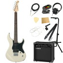 ヤマハ YAMAHA PACIFICA120H VW パシフィカ GA15IIアンプ付き 入門11点 エレキギター初心者セット※ギター本体、アンプ以外の小物類に関しては、用途は同じですが掲載画像の製品と異なる場合がございます。あらかじめご了承ください。ヤマハのエレキギター『パシフィカ』にアンプ『YAMAHA GA15II』、ケーブル、チューナー、ストラップ、換え弦、スタンド、ピック、クロス、ヘッドホン、ストリングワインダーをお付けした11点セットです。YAMAHA PACIFICA120H VW エレキギタープレイアビリティに優れたボディにパワフルなハムバッキングピックアップを2基搭載。トレモロレスブリッジを装備し、サウンド、ルックスともに個性的なパシフィカ。■2ハムバッキングピックアップ。パワフルなサウンドを生み出すハムバッキングピックアップを2基搭載。ロックテイストのパワフルなサウンドを生み出します。シングル、ハムバッキングを素早く切り替えるコイルタップ機能をフロント、リア両方のピックアップに搭載。多彩なサウンド・メイキングを可能にしました。■ハードテイルブリッジ。弦振動の伝達性に富むハードテイルブリッジ（トレモロレス）を採用。【主な仕様】ボディ：アルダーネック：メイプルボディ/ネック構造：ボルトオン指板：ローズウッド指板アール：350Rフレット数：22Fブリッジ：ハードテイル（ブロックサドル）ペグ：クロームスケール：648mmピックアップ：ハムバッキング（アルニコV）×2コントロール：マスターボリューム、マスタートーン（＋コイルタップスイッチ）ピックアップスイッチ：3Pセレクタースイッチカラー：ヴィンテージホワイト(VW)---------------YAMAHA GA15II ギター コンボアンプ「GA15」の練習用アンプとしての使い易さはそのままに、外部音源とのミックスが可能なAux inを追加。MP3等のオーディオソースを利用したセッション形式での練習が可能になりました。接続端子：INPUT（標準フォーンモノジャック）、PHONES（ステレオミニフォーンジャック）、AUX IN（ステレオミニフォーンジャック）コントロール：DRIVE／CLEAN、DRIVE／GAIN、DRIVE／VOLUME、CLEAN／VOLUME、EQ（Bass／Middle／Treble）定格出力：15Wスピーカー：16cmフルレンジ×1電源：AC100V寸法：（W×H×D） 291×300×189 mm質量：5kg付属品：取扱説明書---------------■セット内容・エレキギター本体・ギターアンプ・ギターケーブル・チューナー・ギターストラップ・ギター弦・ギタースタンド・ギターピック×10枚・ヘッドホン・クロス・ストリングワインダー