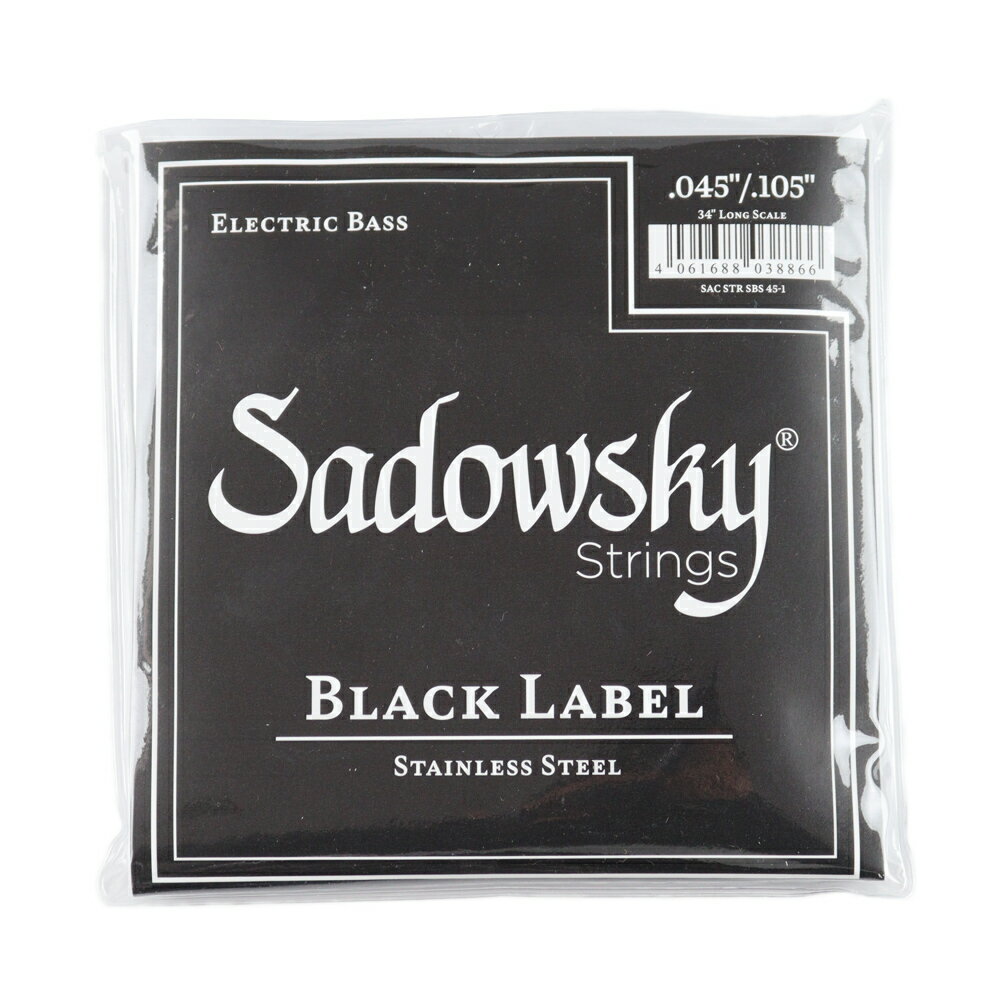 Sadowsky SBS45 Black ブラックラベル ステンレススチール エレキベース弦×3セット。※メーカーによる予告無き仕様変更により、掲載画像とパッケージデザインが異なる場合がございますので、予めご了承くださいませ。SADOWSKY（サドウスキー） SBS45 Black ブラックラベル ベース弦 。安定した弦振動とブライトなトーンを確保するためHEX CORE WIRE（六角形芯線）にこだわり、サウンドとスリンキ−なテンション感を両立しています。4弦エレキベース用ステンレススチール弦（よりブライトなサウンド/スラップスタイル向き）ゲージ：45-65-85-105※3セットでの販売です。