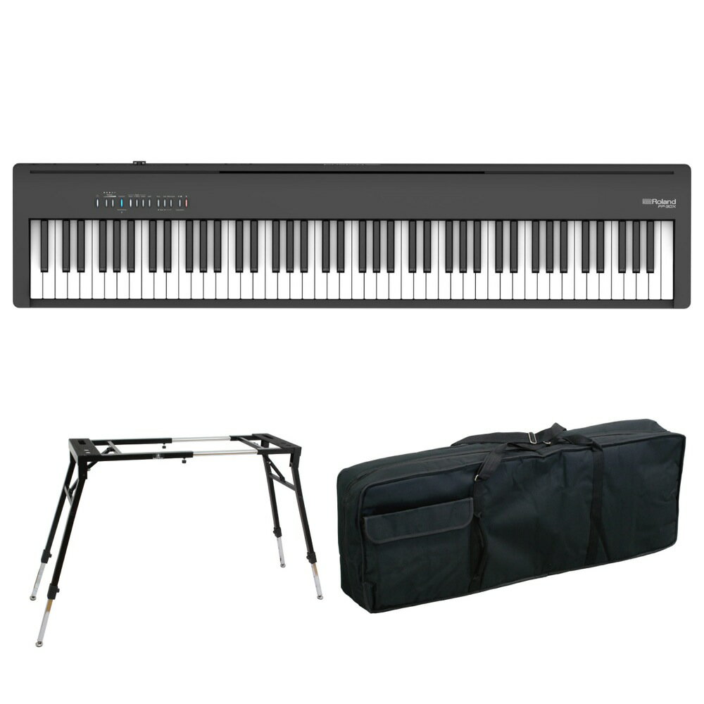 ROLAND FP-30X-BK ブラック 電子ピアノ 4本脚型スタンド ケース付き セット [鍵盤 BCset]『ROLAND FP-30X』に88鍵用キーボードバッグ、4本脚タイプのキーボードスタンドをお付けしたセット商品です。セット内容：・ROLAND FP-30X-BK Digital Piano ブラック 電子ピアノ・KIKUTANI KBB-88 キーボードバッグ・Dicon Audio KS-060 Keyboard Stand 4本脚型 キーボードスタンドROLAND FP-30X-BK Digital Piano ブラック 電子ピアノいつでもどこでも自由に演奏を楽しめるポータブル・タイプのFPシリーズより、FP-30Xがグレードアップして登場。スマートなデザインはそのままに、豊かな響きのピアノ・サウンドをはじめ、最新技術を盛り込みました。ホームユースでお使いいただきやすい、ピアノを弾きたくなる機能も強化。ピアノ初心者から上級者まで、ご自宅で気軽に楽しみたい方から、どこでもアクティブに持ち出して演奏したい方まで、マルチに活躍する本格派ポータブル・ピアノです。【特徴】・豊かな響きと粒立ちのよいピアノ・サウンドにグレードアップ。ピアノを弾きたい気持ちに応える機能も充実。・Bluetoothオーディオに対応。・最大同時発音数256音で余裕のある演奏が可能に。・アウトプット端子は標準タイプ（L/Mono、R）を装備。【空間の響きを味わう高品質なピアノサウンド】持ち運び可能なスタイリッシュなボディに表現力豊かなピアノ音と鍵盤を搭載したFPシリーズが一新。コンパクトな本体はそのままに、スピーカーからのサウンドを調整することで、より粒立ちの良い、広がりのあるピアノ・サウンドを実現しました。FP-30Xは音とタッチのバランスを見直しより華やかで粒立ちの良いサウンドに。最大同時発音数256音も相まって、余裕のある演奏を実現します。【ピアノを弾きたい気持ちに応える新機能】ピアノとスマートフォンやタブレットを無線接続できるBluetoothオーディオ/MIDI機能をFP-Xシリーズ全モデルに搭載。オリジナル無料アプリ「Piano Every Day」にも対応し、日々の練習を記録したり、内蔵曲を譜面表示したり、楽しさも広がります。【FP-30Xの主な新機能】・Bluetooth オーディオ機能・アウトプット（L/Mono、R）端子：標準タイプ・譜面立て：角度を改良、底面に滑り止めを装備【FP-30X 主な仕様】■音源：・ピアノ音：スーパーナチュラル・ピアノ音源・最大同時発音数：256・音色：　Piano：12音色　E.Piano：20音色　Other：24音色■鍵盤：PHA-4スタンダード鍵盤：エスケープメント付き、象牙調（88 鍵）■スピーカー・システム：・スピーカー：12cm × 2・定格出力：11W × 2■Bluetooth：・オーディオ：Bluetooth 標準規格 Ver 3.0（SCMS-T 方式によるコンテンツ保護に対応）・MIDI：Bluetooth 標準規格 Ver 4.0■対応アプリケーション（ローランド製）：Piano Every Day、ピアノデザイナー■データ再生：・再生可能データ：　SMF（フォーマット 0、1）　オーディオ・ファイル（WAV 形式、44.1kHz、16 ビット・リニア、MP3 形式、44.1kHz、64kbps ~ 320kbps、要 USBメモリー）■レコーダー：・録音可能データ：　SMF（フォーマット 0、約 70,000 音記憶）　オーディオ・ファイル（WAV 形式、44.1kHz、16 ビット・リニア、要 USB メモリー）・内蔵曲：30曲■調律・整音：・鍵盤タッチ：キータッチ：5段階、固定・マスターチューニング：415.3 ~ 466.2Hz（0.1Hz 単位）・エフェクト：アンビエンス、ブリリアンス、オルガンのみ：ロータリー、E.Piano のみ：モジュレーション・スピード■便利な機能：・メトロノーム（テンポ/拍子/音量/音色変更可能）・トランスポーズ（キーボード/曲：半音単位）・デュアル、スプリット（スプリット・ポイント設定可能）・ツインピアノ・オート・オフ■その他：・接続端子：　DC In 端子　Pedal 1（Damper）端子（別売ペダル使用時連続検出対応）　Pedal 2（Damper、Sostenuto、Soft）端子（専用ペダル・ボード KPD-70 使用時）　Output（L/Mono、R）端子：標準タイプ　USB Computer 端子：USB B タイプ　USB Memory 端子：USB A タイプ　Phones 端子× 2：ステレオ・ミニ・タイプ、ステレオ標準タイプ・電源：AC アダプター・消費電力：16W（付属 AC アダプター使用時）■外形寸法：・譜面立てをはずしたとき：1,300（幅）× 284（奥行）× 151（高さ）mm・別売り専用スタンド KSC-72 使用、譜面立て含む：1,300（幅）× 344（奥行）× 931（高さ）mm■質量：・14.8kg（譜面立て含む）・23.0kg（別売り専用スタンド KSC-70 およびペダル・ボード KPD-70 使用、譜面立て含む）■付属品：取扱説明書、「安全上のご注意」チラシ、AC アダプター、電源コード、譜面立て、ペダル・スイッチ（DP-2）、保証書■別売品：専用スタンド：KSC-70、専用ペダル・ボード：KPD-70、キーボード・スタンド：KS-10Z、KS-12、KS-20X、ダンパー・ペダル：DP シリーズ、キャリング・ケース：CB-88RL、CB-76RL、ヘッドホン※仕様およびデザインは改良のため予告なく変更することがあります。---------------KIKUTANI KBB-88 キーボードバッグ。KBBシリーズ キーボードバッグ。10mm厚パッドを採用し、しっかりとキーボードを保護する、KBBシリーズです。【SPEC】内寸：1450mm x 470mm x 175mmバッグ重量：1.6kg---------------Dicon Audio KS-060 Keyboard Stand 4本脚型 キーボードスタンド安定感があり、足元のスペースも十分に取れる4本脚タイプのキーボードスタンド。折りたたみ時のサイズが71cm×39cmと、4本脚タイプとしては非常にコンパクトに収納出来るため持ち運びも楽々。高さは64cm〜82cmの間で4段階に調節可能。座奏から立奏まで幅広いスタイルに対応します。幅は 71cm〜101cmまで無段階に調整可能。88鍵盤モデルなど大型のシンセサイザーでも安定感のある設置を実現しています。外向きに起つよう設置された4本のレッグは足元に十分なスペースを確保しつつ、安定性を強化。ミュージシャン目線で使いやすさと自由度にこだわったキーボードスタンドです。商品詳細高さ：64cm〜81cmスタンド幅：71cm〜101cmスタンド奥行き：32cm脚部幅：104cmから149cm脚部奥行き：39cmから42cm重量：7.5kg耐荷重：70kg---------------