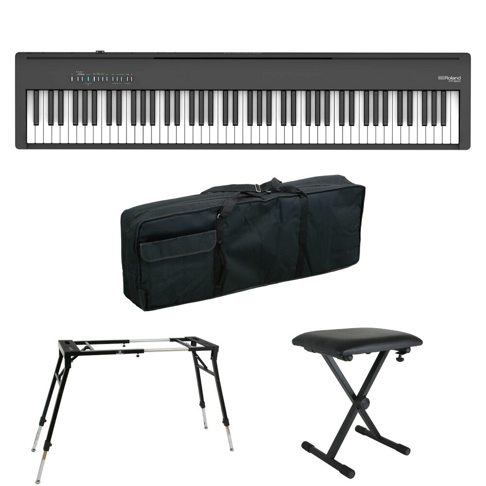 ROLAND FP-30X-BK ブラック 電子ピアノ 4本脚型スタンド ベンチ ケース付き セット [鍵盤 DCset]『ローランド FP-30X』に88鍵用キーボードバッグ、4本脚タイプのキーボードスタンド、シンプルな折りたたみ式のキーボードイスをお付けしたセット商品です。セット内容：・ROLAND FP-30X-BK Digital Piano ブラック 電子ピアノ・KIKUTANI KBB-88 キーボードバッグ・Dicon Audio KS-060 Keyboard Stand 4本脚型 キーボードスタンド・Dicon Audio SB-001 Keyboard Bench キーボードベンチ ピアノ椅子ROLAND FP-30X-BK Digital Piano ブラック 電子ピアノいつでもどこでも自由に演奏を楽しめるポータブル・タイプのFPシリーズより、FP-30Xがグレードアップして登場。スマートなデザインはそのままに、豊かな響きのピアノ・サウンドをはじめ、最新技術を盛り込みました。ホームユースでお使いいただきやすい、ピアノを弾きたくなる機能も強化。ピアノ初心者から上級者まで、ご自宅で気軽に楽しみたい方から、どこでもアクティブに持ち出して演奏したい方まで、マルチに活躍する本格派ポータブル・ピアノです。【特徴】・豊かな響きと粒立ちのよいピアノ・サウンドにグレードアップ。ピアノを弾きたい気持ちに応える機能も充実。・Bluetoothオーディオに対応。・最大同時発音数256音で余裕のある演奏が可能に。・アウトプット端子は標準タイプ（L/Mono、R）を装備。【空間の響きを味わう高品質なピアノサウンド】持ち運び可能なスタイリッシュなボディに表現力豊かなピアノ音と鍵盤を搭載したFPシリーズが一新。コンパクトな本体はそのままに、スピーカーからのサウンドを調整することで、より粒立ちの良い、広がりのあるピアノ・サウンドを実現しました。FP-30Xは音とタッチのバランスを見直しより華やかで粒立ちの良いサウンドに。最大同時発音数256音も相まって、余裕のある演奏を実現します。【ピアノを弾きたい気持ちに応える新機能】ピアノとスマートフォンやタブレットを無線接続できるBluetoothオーディオ/MIDI機能をFP-Xシリーズ全モデルに搭載。オリジナル無料アプリ「Piano Every Day」にも対応し、日々の練習を記録したり、内蔵曲を譜面表示したり、楽しさも広がります。【FP-30Xの主な新機能】・Bluetooth オーディオ機能・アウトプット（L/Mono、R）端子：標準タイプ・譜面立て：角度を改良、底面に滑り止めを装備【FP-30X 主な仕様】■音源：・ピアノ音：スーパーナチュラル・ピアノ音源・最大同時発音数：256・音色：　Piano：12音色　E.Piano：20音色　Other：24音色■鍵盤：PHA-4スタンダード鍵盤：エスケープメント付き、象牙調（88 鍵）■スピーカー・システム：・スピーカー：12cm × 2・定格出力：11W × 2■Bluetooth：・オーディオ：Bluetooth 標準規格 Ver 3.0（SCMS-T 方式によるコンテンツ保護に対応）・MIDI：Bluetooth 標準規格 Ver 4.0■対応アプリケーション（ローランド製）：Piano Every Day、ピアノデザイナー■データ再生：・再生可能データ：　SMF（フォーマット 0、1）　オーディオ・ファイル（WAV 形式、44.1kHz、16 ビット・リニア、MP3 形式、44.1kHz、64kbps ~ 320kbps、要 USBメモリー）■レコーダー：・録音可能データ：　SMF（フォーマット 0、約 70,000 音記憶）　オーディオ・ファイル（WAV 形式、44.1kHz、16 ビット・リニア、要 USB メモリー）・内蔵曲：30曲■調律・整音：・鍵盤タッチ：キータッチ：5段階、固定・マスターチューニング：415.3 ~ 466.2Hz（0.1Hz 単位）・エフェクト：アンビエンス、ブリリアンス、オルガンのみ：ロータリー、E.Piano のみ：モジュレーション・スピード■便利な機能：・メトロノーム（テンポ/拍子/音量/音色変更可能）・トランスポーズ（キーボード/曲：半音単位）・デュアル、スプリット（スプリット・ポイント設定可能）・ツインピアノ・オート・オフ■その他：・接続端子：　DC In 端子　Pedal 1（Damper）端子（別売ペダル使用時連続検出対応）　Pedal 2（Damper、Sostenuto、Soft）端子（専用ペダル・ボード KPD-70 使用時）　Output（L/Mono、R）端子：標準タイプ　USB Computer 端子：USB B タイプ　USB Memory 端子：USB A タイプ　Phones 端子× 2：ステレオ・ミニ・タイプ、ステレオ標準タイプ・電源：AC アダプター・消費電力：16W（付属 AC アダプター使用時）■外形寸法：・譜面立てをはずしたとき：1,300（幅）× 284（奥行）× 151（高さ）mm・別売り専用スタンド KSC-72 使用、譜面立て含む：1,300（幅）× 344（奥行）× 931（高さ）mm■質量：・14.8kg（譜面立て含む）・23.0kg（別売り専用スタンド KSC-70 およびペダル・ボード KPD-70 使用、譜面立て含む）■付属品：取扱説明書、「安全上のご注意」チラシ、AC アダプター、電源コード、譜面立て、ペダル・スイッチ（DP-2）、保証書■別売品：専用スタンド：KSC-70、専用ペダル・ボード：KPD-70、キーボード・スタンド：KS-10Z、KS-12、KS-20X、ダンパー・ペダル：DP シリーズ、キャリング・ケース：CB-88RL、CB-76RL、ヘッドホン※仕様およびデザインは改良のため予告なく変更することがあります。---------------KIKUTANI KBB-88 キーボードバッグ。KBBシリーズ キーボードバッグ。10mm厚パッドを採用し、しっかりとキーボードを保護する、KBBシリーズです。【SPEC】内寸：1450mm x 470mm x 175mmバッグ重量：1.6kg---------------Dicon Audio KS-060 Keyboard Stand 4本脚型 キーボードスタンド安定感があり、足元のスペースも十分に取れる4本脚タイプのキーボードスタンド。折りたたみ時のサイズが71cm×39cmと、4本脚タイプとしては非常にコンパクトに収納出来るため持ち運びも楽々。高さは64cm〜82cmの間で4段階に調節可能。座奏から立奏まで幅広いスタイルに対応します。幅は 71cm〜101cmまで無段階に調整可能。88鍵盤モデルなど大型のシンセサイザーでも安定感のある設置を実現しています。外向きに起つよう設置された4本のレッグは足元に十分なスペースを確保しつつ、安定性を強化。ミュージシャン目線で使いやすさと自由度にこだわったキーボードスタンドです。商品詳細高さ：64cm〜81cmスタンド幅：71cm〜101cmスタンド奥行き：32cm脚部幅：104cmから149cm脚部奥行き：39cmから42cm重量：7.5kg耐荷重：70kg---------------Dicon Audio SB-001 Keyboard Bench キーボードベンチ ピアノ椅子X型のシンプルな折りたたみ式のキーボードイス。(スローンとも呼ばれます)簡単に折りたたむ事ができるため持ち運びが便利です。練習やライブなど持ち運びが必要なシーンで活躍できます。座面の高さが3段階に調整が可能。420mm、440mm、460mmで調整が出来るため、お子様から大人まで利用ができます。優れたクッション性の座面なので長時間の演奏にも最適です。シンセ、キーボード、ピアノ、パーカッションなど様々なプレイヤーに使い易い長方形の天板を採用した椅子となっています。【サイズ】高さ/3段階：1段階：420mm / 2段階：440mm / 3段階：460mm座面サイズ：300mm×400mm重量：2.9kg【サイズ/折りたたみ時320×110×570mm（WxDxH）---------------