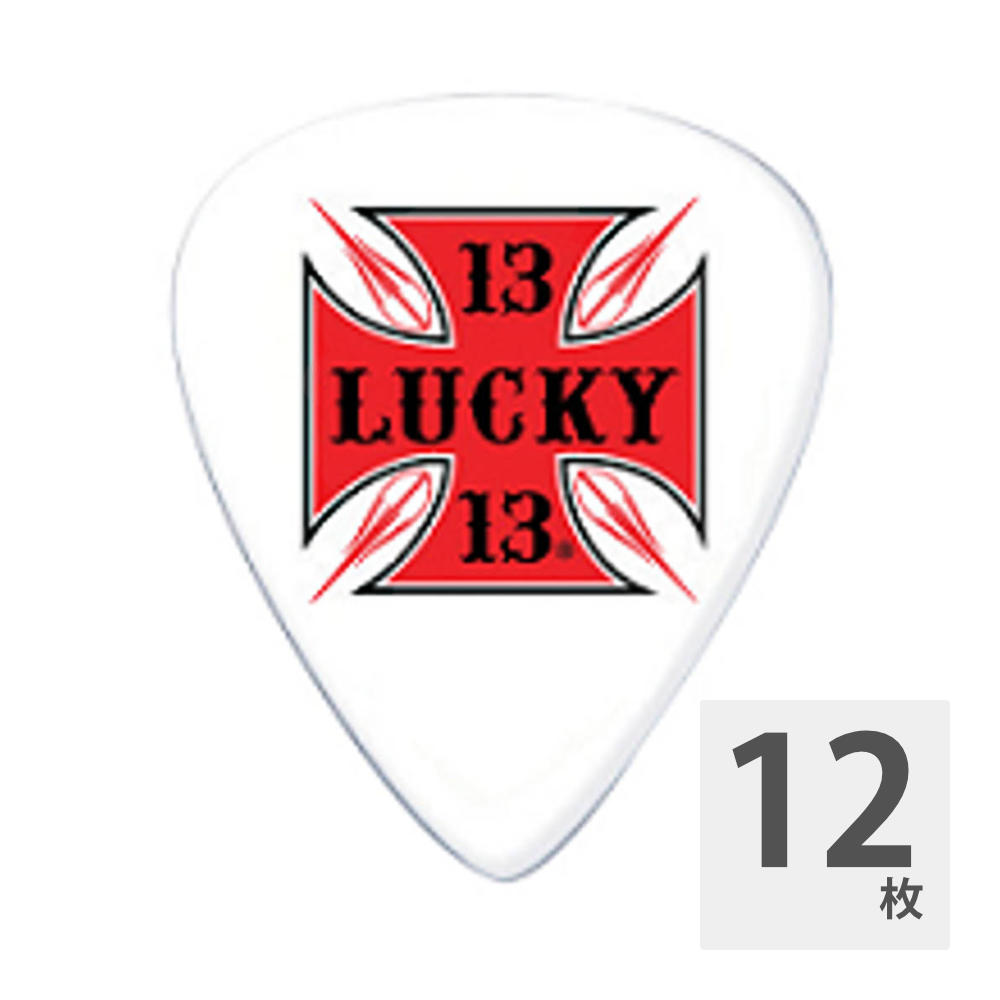 JIM DUNLOP Lucky 13 Red Cross 0.73mm ギターピック×12枚。LUCKY 13は、1991年にカリフォルニアで数人で始めたアパレルメーカーです。音楽、カスタムモーターサイクル、B級ムービー、アート、タトゥなど様々な分野で活動しています。JIM DUNLOP社とのコラボにて生まれたピックです。シェイプ：ティアドロップデザイン：Red Cross厚み：0.73mm※12枚セットでの販売です。