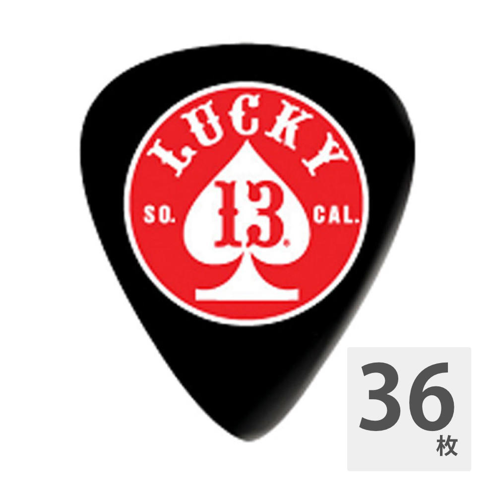 JIM DUNLOP Lucky 13 Spade Circle 1.00mm ギターピック×36枚。LUCKY 13は、1991年にカリフォルニアで数人で始めたアパレルメーカーです。音楽、カスタムモーターサイクル、B級ムービー、アート、タトゥなど様々な分野で活動しています。JIM DUNLOP社とのコラボにて生まれたピックです。シェイプ：ティアドロップデザイン：Spade Circle厚み：1.00mm※36枚セットでの販売です。