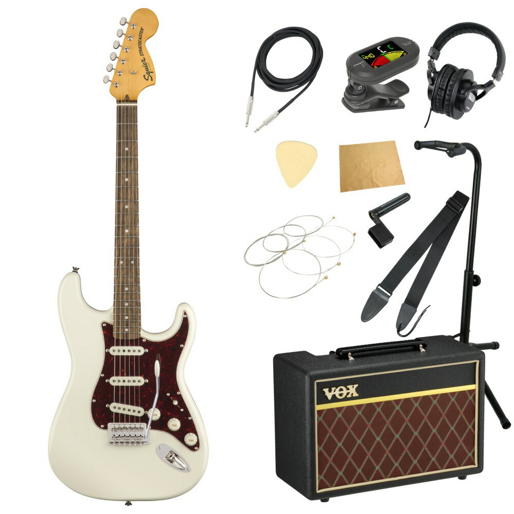 Squier Classic Vibe '70s Stratocaster OWT LRLエレキギター VOXアンプ付き 入門11点 初心者セット※ギター本体、アンプ以外の小物類に関しては、用途は同じですが掲載画像の製品と異なる場合がございます。あらかじめご了承ください。エレキギターにVOXアンプ「VOX Pathfinder10」、ケーブル、チューナー、ストラップ、換え弦、スタンド、ピック、クロス、ヘッドホン、ストリングワインダーをお付けした11点セットです。Squier Classic Vibe '70s Stratocaster OWT LRLエレキギター70年代のラージヘッドストックStratocasterの仕様を再現した、Classic Vibe '70s Stratocaster。マウントされた3基のフェンダーデザインアルニコシングルコイルピックアップは、素晴らしいトーンを生み出します。滑らかで快適な9.5インチラジアスの指板と、タイトなフレットを備え、プロファイルされたネック形状はスリムで快適なC型タイプです。表現力豊かなベンディングで威力を発揮する、ヴィンテージスタイルのトレモロシステムを搭載。このクラシックなSquierモデルは、70年代のヘッドストックデカール、ニッケルメッキのハードウェア、クラシックな雰囲気で、ヴィンテージ色の光沢のあるネック仕上げを採用しています。【スペック】モデルネーム：Classic Vibe '70s Stratocaster, Laurel Fingerboard, Olympic Whiteカラー：Olympic Whiteボディ：Poplarボディフィニッシュ：Gloss Polyurethaneボディシェイプ：Stratocasterネック：Mapleネックフィニッシュ：Tinted Gloss Urethaneネックシェイプ："C" Shapeスケール：25.5" (648 mm)フィンガーボード：Indian Laurelフィンガーボードラジアス：9.5" (241 mm)フレットナンバー：21Frets Size：Narrow Tallナット：Boneナット幅：1.650" (42 mm)ポジションインレイ：Pearloid Dotsトラスロッド：Head Adjustブリッジピックアップ：Fender Designed Alnico Single-Coilミドルピックアップ：Fender Designed Alnico Single-Coilネックピックアップ：Fender Designed Alnico Single-Coilコントロール：Master Volume, Tone 1. (Neck Pickup), Tone 2. (Bridge/Middle Pickup)ピックアップスイッチ：5-Position Blade: Position 1. Bridge Pickup, Position 2. Bridge and Middle Pickup, Position 3. Middle Pickup, Position 4. Middle and Neck Pickup, Position 5. Neck Pickupピックアップコンフィギュレーション：SSSブリッジ：6-Saddle Vintage-Style Synchronized Tremoloハードウェアフィニッシュ：Nickelチューニングマシーン：Vintage-Styleピックガード：4-Ply Tortoiseshell（べっ甲柄）コントロールノブ：Aged White Plasticストリング：NPS, .009-.042 Gauges●セット内容・エレキギター本体・ギターアンプ・ギターケーブル・チューナー・ギターストラップ・ギター弦・ギタースタンド・ギターピック×10枚・ヘッドホン・クロス・ストリングワインダー