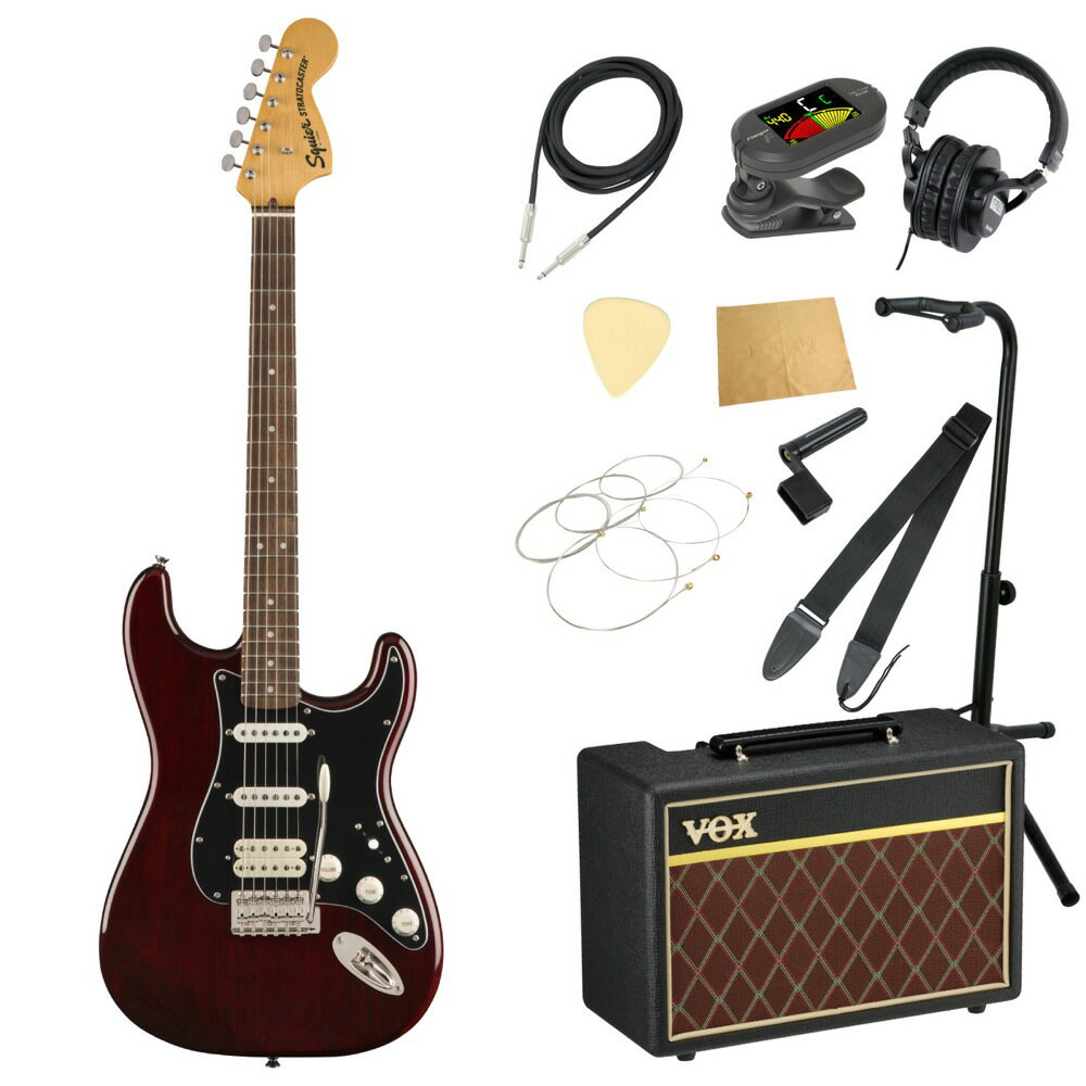 Squier Classic Vibe '70s Stratocaster HSS WAL LRL エレキギター VOXアンプ付き 入門11点 初心者セット※ギター本体、アンプ以外の小物類に関しては、用途は同じですが掲載画像の製品と異なる場合がございます。あらかじめご了承ください。エレキギターにVOXアンプ「VOX Pathfinder10」、ケーブル、チューナー、ストラップ、換え弦、スタンド、ピック、クロス、ヘッドホン、ストリングワインダーをお付けした11点セットです。Squier Classic Vibe '70s Stratocaster HSS WAL LRL エレキギターClassic Vibe '70s Stratocaster HSSは、70年代の大型ヘッドストックの外観を象徴したモデルです。フェンダーデザインのアルニコピックアップは、素晴らしいトーンを生み出します。滑らかな9.5 インチラジアスの指板、幅の狭いフレットを使用。スリムで快適なCシェイプ形状のプロファイリングネックを採用し、表現力豊かなベンディングを実現する、ヴィンテージスタイルのトレモロシステムを搭載しています。このクラシックなSquierモデルは、70年代のヘッドストックデカール、ニッケルメッキのハードウェア、滑らかなヴィンテージ色の光沢のあるネック仕上げが、魅力的でオールドスクールな雰囲気を演出しています。【スペック】モデルネーム：Classic Vibe '70s Stratocaster HSS, Laurel Fingerboard, Walnutカラー：Walnutボディ：Poplarボディフィニッシュ：Gloss Polyurethaneボディシェイプ：Stratocasterネック：Mapleネックフィニッシュ：Tinted Gloss Urethaneネックシェイプ："C" Shapeスケール：25.5" (648 mm)フィンガーボード：Indian Laurelフィンガーボードラジアス：9.5" (241 mm)フレットナンバー：21Frets Size：Narrow Tallナット：Boneナット幅：1.650" (42 mm)ポジションインレイ：Pearloid Dotsトラスロッド：Head Adjustブリッジピックアップ：Fender Designed Alnico Humbuckingミドルピックアップ：Fender Designed Alnico Single-Coilネックピックアップ：Fender Designed Alnico Single-Coilコントロール：Master Volume, Tone 1. (Neck Pickup), Tone 2. (Bridge/Middle Pickup)ピックアップスイッチ：5-Position Blade: Position 1. Bridge Pickup, Position 2. Bridge and Middle Pickup, Position 3. Middle Pickup, Position 4. Middle and Neck Pickup, Position 5. Neck Pickupピックアップコンフィギュレーション：HSSブリッジ：6-Saddle Vintage-Style Synchronized Tremoloハードウェアフィニッシュ：Nickelチューニングマシーン：Vintage-Styleピックガード：3-Ply Blackコントロールノブ：Aged White Plasticストリング：NPS, .009-.042 Gauges●セット内容・エレキギター本体・ギターアンプ・ギターケーブル・チューナー・ギターストラップ・ギター弦・ギタースタンド・ギターピック×10枚・ヘッドホン・クロス・ストリングワインダー