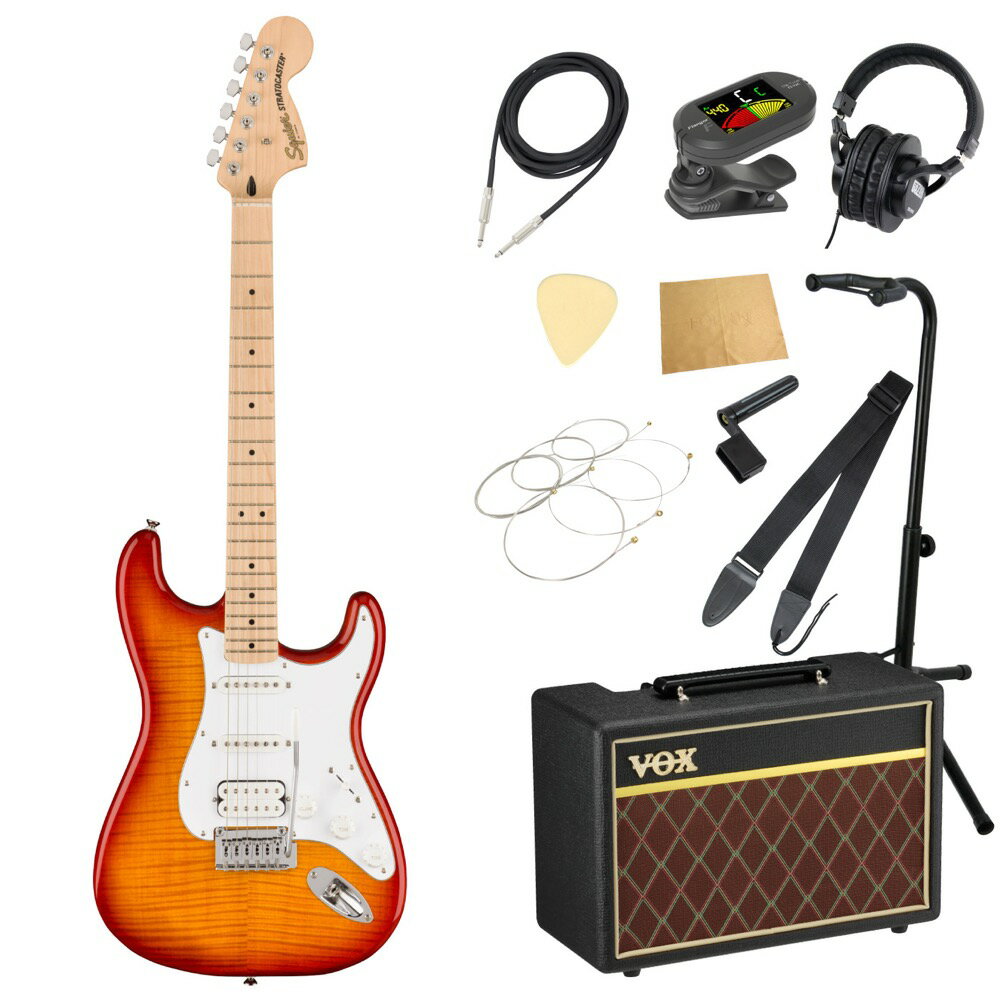 Squier Affinity Series Stratocaster FMT HSS SSB エレキギター VOXアンプ付き 入門11点 初心者セット※ギター本体、アンプ以外の小物類に関しては、用途は同じですが掲載画像の製品と異なる場合がございます。あらかじめご了承ください。エレキギターにVOXアンプ「VOX Pathfinder10」、ケーブル、チューナー、ストラップ、換え弦、スタンド、ピック、クロス、ヘッドホン、ストリングワインダーをお付けした11点セットです。Squier Affinity Series Stratocaster FMT HSS SSB エレキギターSquier Affinity Series Stratocaster FMT HSSは、伝統的なFenderファミリーへの入り口として、伝説的なデザインと典型的なトーンを備えたギターです。このStratocasterは、薄くて軽量なボディに目を引くフレイムメイプルトップ（FMT）、スリムで快適な"C"シェイプネック、優れたアーミング奏法をサポートする2点支持トレモロブリッジ、スムーズで正確なチューニングを提供するスプリットシャフト付きシールドダイキャストチューニングマシンなど、プレイヤーフレンドリーな洗練された機能を備えています。ブリッジにはSquierのハムバッキングピックアップ、ネックとミドルにはSingle-Coilピックアップを搭載し、ジャンルを超えた多彩なサウンドを実現しています。【スペック】・カラー：Sienna Sunburst・原産国：ID・オリエンテーション：Right-Hand・シリーズ：Affinity Series・Fingerboard Material：Maple・フィンガーボードラジアス：9.5" (241 mm)・ネック：Maple・ネックフィニッシュ：Satin Urethane with Gloss Urethane Headstock Face・ネック：Maple・ネックシェイプ："C" Shape・フレット数：21・ナットの素材：Synthetic Bone・ナット幅：1.650" (42 mm)・ポジションインレイ：Black Dot・サイドドット：・ナット：Synthetic Bone・トラスロッド：Head Adjust・ボディ：Poplar・ボディフィニッシュ：Gloss Polyurethane・ボディ素材：Poplar・ボディシェイプ：Stratocaster・ボディトップ：Flame Maple・ブリッジ：2-Point Synchronized Tremolo with Block Saddles・コントロールノブ：White Plastic・ハードウェアフィニッシュ：Chrome・Neck Plate：4-Bolt Squier・ピックガード：3-Ply White・Pickup Covers：White・Strap Buttons：Standard・String Trees：Dual-Wing・ストリング：Nickel Plated Steel (.009-.042 Gauges)・Switch Tip：White・Tremolo Arm：Standard・チューニングマシーン：Sealed Die-Cast with Split Shafts・ブリッジピックアップ：Ceramic Humbucker・コントロール：Master Volume, Tone 1. (Neck/Middle Pickups), Tone 2. (Bridge Pickup)・ミドルピックアップ：Ceramic Single-Coil・ネックピックアップ：Ceramic Single-Coil・ピックアップコンフィギュレーション：HSS・Switching：5-Position Blade: Position 1. Bridge Pickup Position 2. Bridge and Middle Pickup Position 3. Middle Pickup Position 4. Middle and Neck Pickup Position 5. Neck Pickup・フレットサイズ：Medium Jumbo・スケール：25.5" (648 mm)・ソフトケース付き---------------●セット内容・エレキギター本体・ギターアンプ・ギターケーブル・チューナー・ギターストラップ・ギター弦・ギタースタンド・ギターピック×10枚・ヘッドホン・クロス・ストリングワインダー